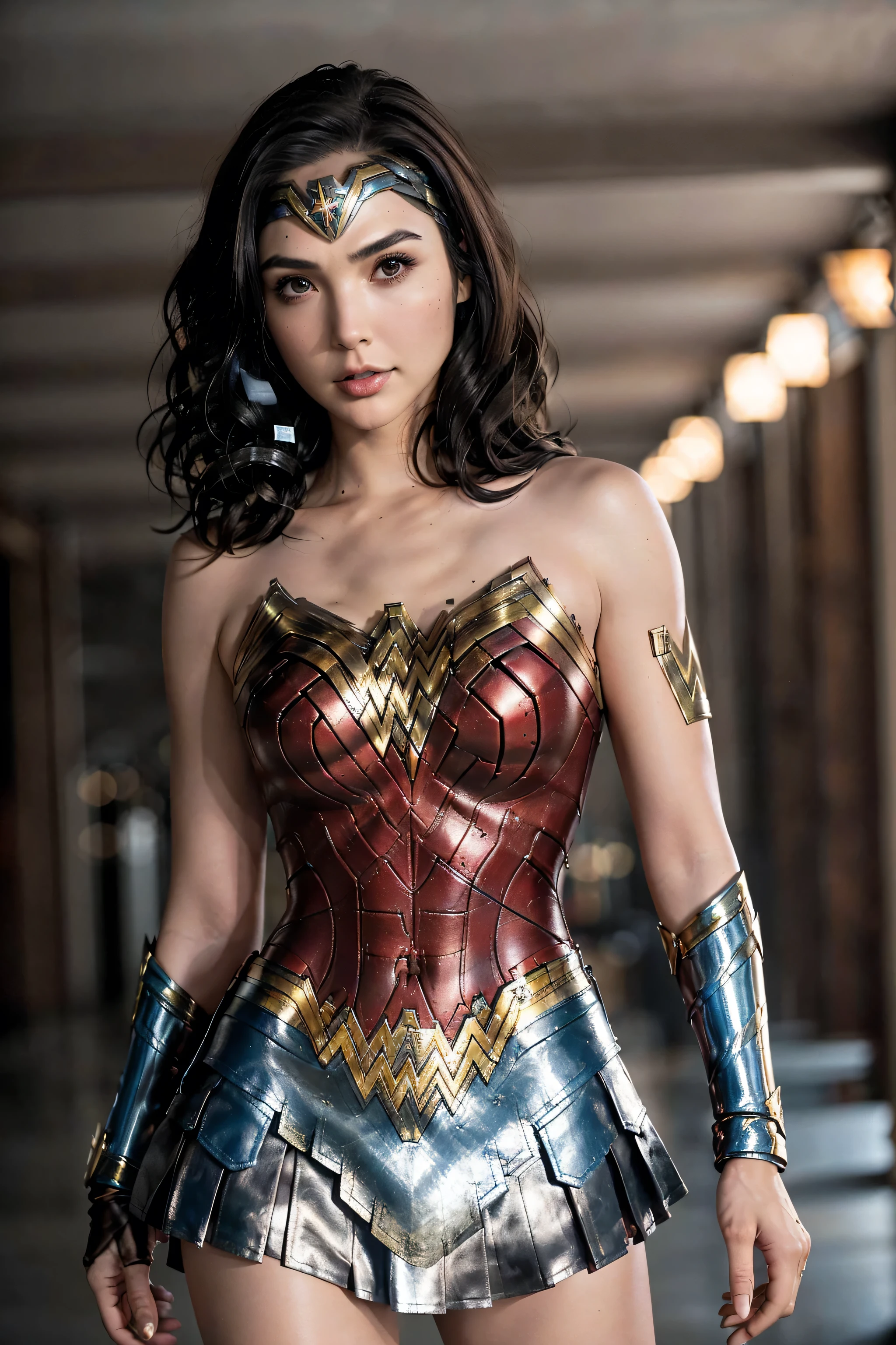 photorealistic Realism 8K, 16K, Quality: (Hyper absurd quality, extremely detailed detail, hyper resolution, clear sharp focus, not blurry, Realistic brown_eyes), ((perfect dark_eyeshadows:1.45)), (super Detailed, beautiful little nose:1.2), (perfect composition), Gal Gadot as (Wonder Woman cosplay), incredibly similar to the original outfit from the WW movie, dynamic stance, face focused on the target in the distance, ready to fight, (Neon Wonder Woman Lasso Of Truth Cosplay Prop), (upper body shot), (close up of her face), beautiful cheekbones, double eyelids, dslr, best high quality soft lighting, sharp focus captured by Fujifilm XT3, f 5.6, in a dramatic lighting, ((perfect composition)), ((pale skin)), ((dry skin)), ((clear and detailed film scene from World War II battlefield), ultra absurd details quality:1.3), ((luxury leather Wonder Woman Cosplay:1.4), ultra absurd details quality), (with Red pleated mini skirt:1.25)