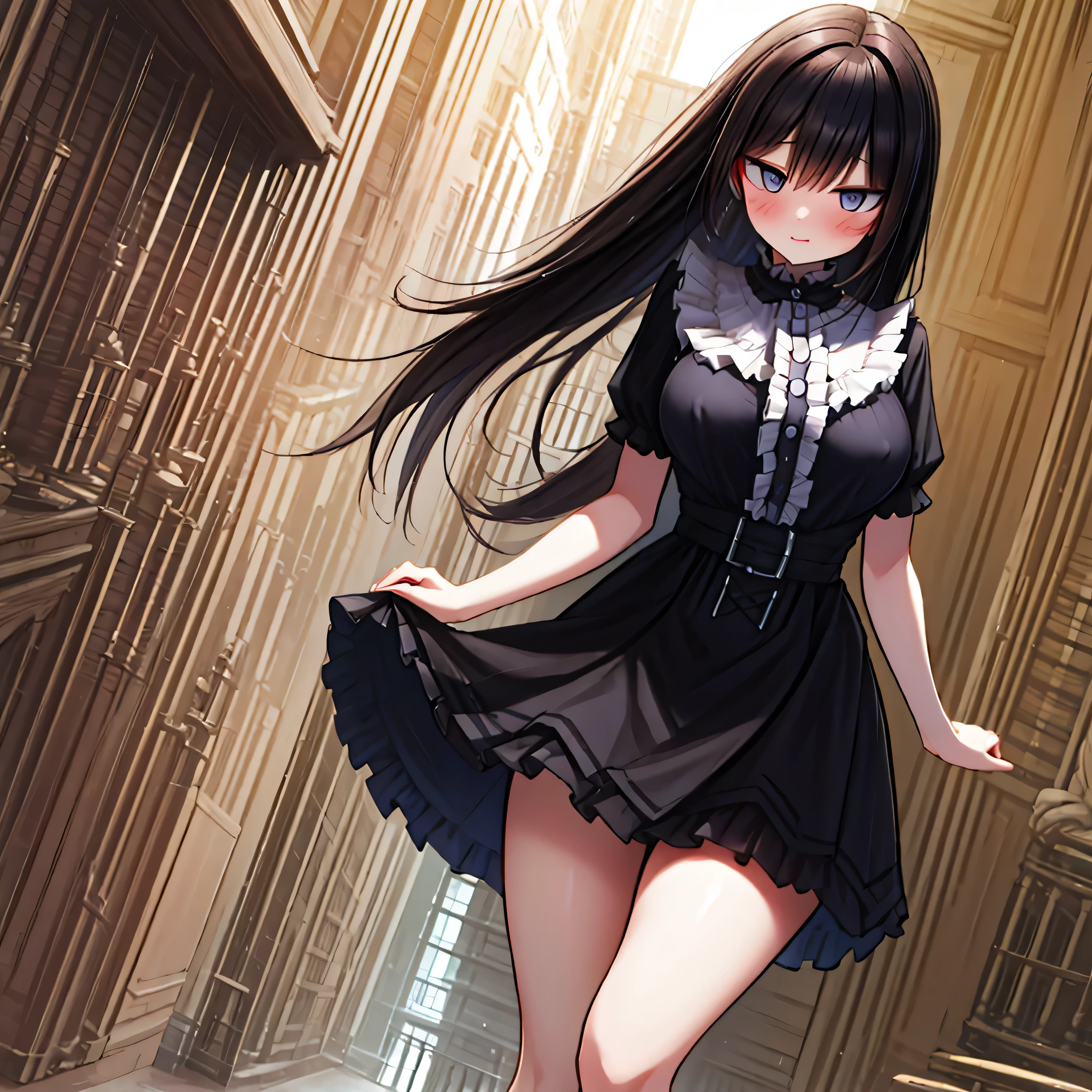 (master part, Qualidade Superior, best quality, Arte Oficial, Beautiful and Aesthetic:1.2), Gloomy Illumination, (1girl), extremamente detalhado, mais alto detalhado, McGeealice, no expression, Olhando para o Viewer, vestir, avental, striped pantyhose, jewelries, colar, (arms behind back),