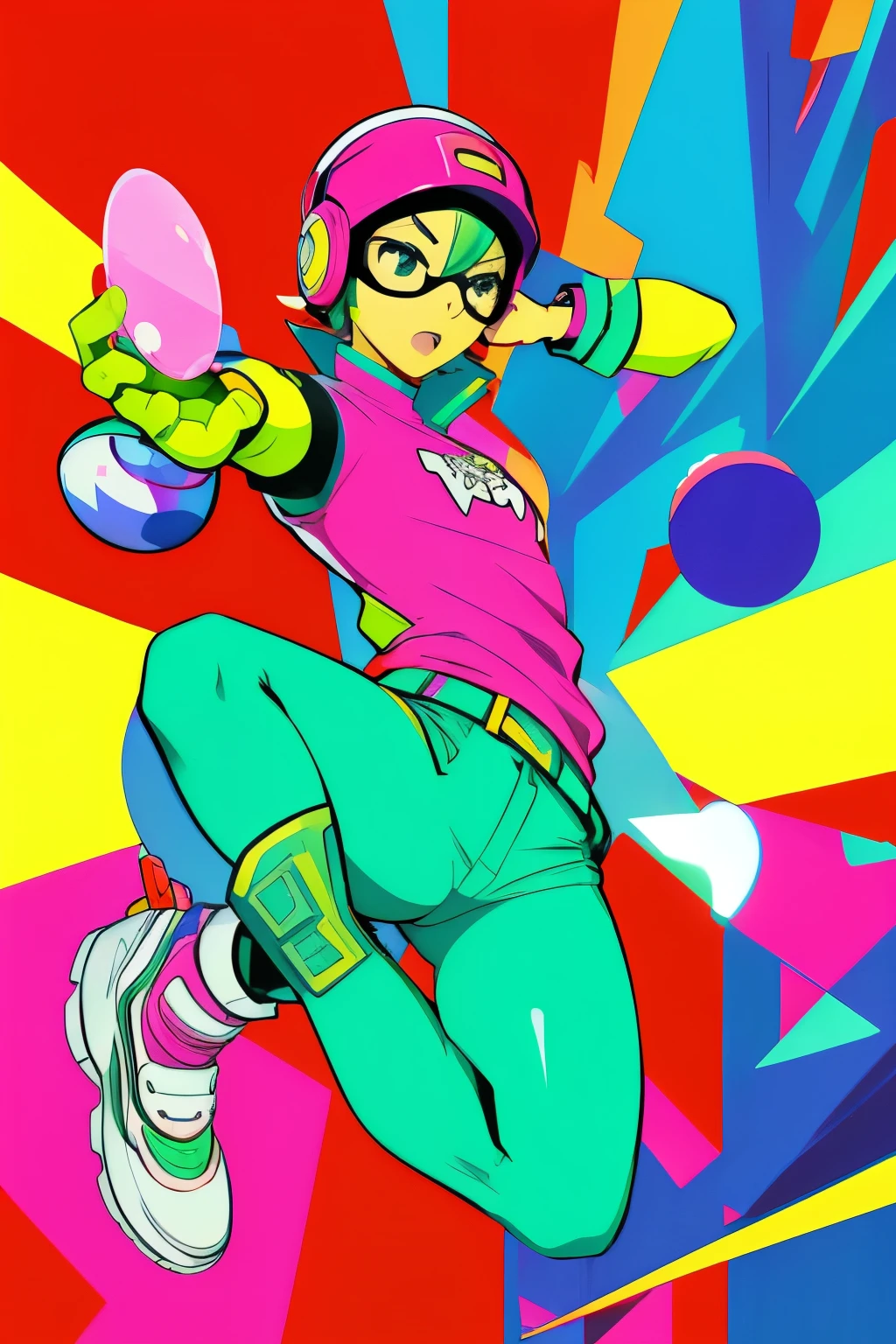 Gum, Female, blowing bubble gum, jet set radio art style, vibrant colors, action pose