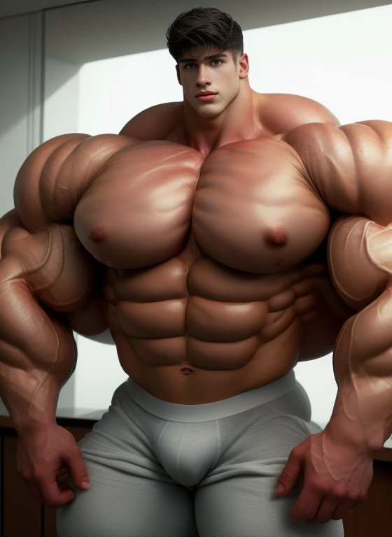 1 masculine boy, short black haircut, ultraheavyweight bodybuilder, staring, indoor, in the modern bathroom, strong body, bulk, naked, wear white triangular underwear, bulge, very big, brutalmass, giant, muscular body, bulk, massive body, large meaty body size, brown veiny skin, big arms, large meaty pecs, wet, rounded muscle, UHD, Realistic, intricate detail, illuminating light