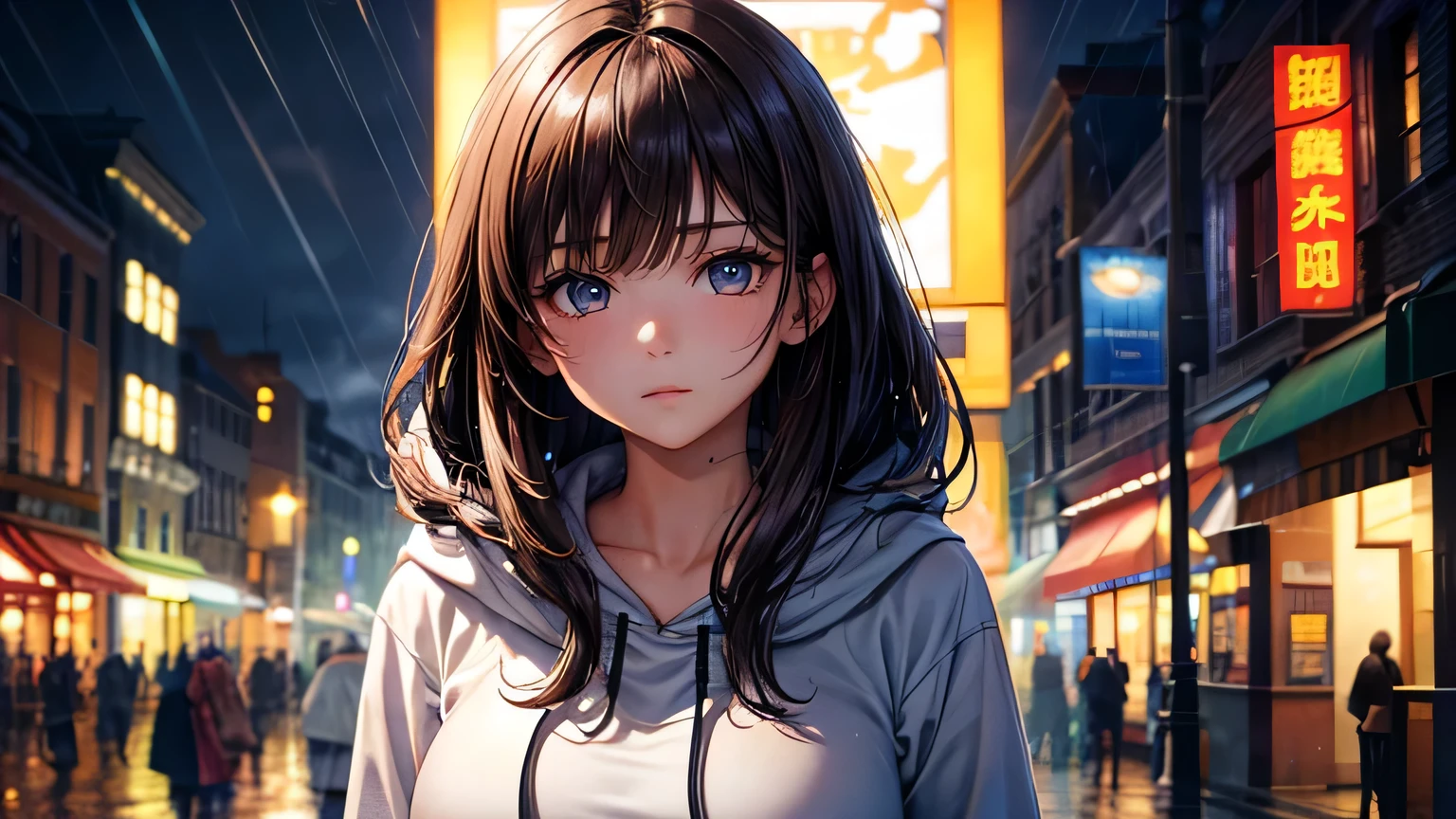 Beautiful woman 1.3, Beautiful brown hair: 1.2, , Rainy Town: 1.2,City of night,In town: 1.1, Ultra-high resolution, Accurate, Super detailed, Textured skin, High detail, highest quality, 8k,Thin bangs,Upper Body,Well-drawn eyes, Focus on the face,Large plain hoodie,Detailed hair depiction,Detailed depiction of eyes、Detailed depiction of hair、rain、rain grain、Street lamp、Wet ground、Upper Body、