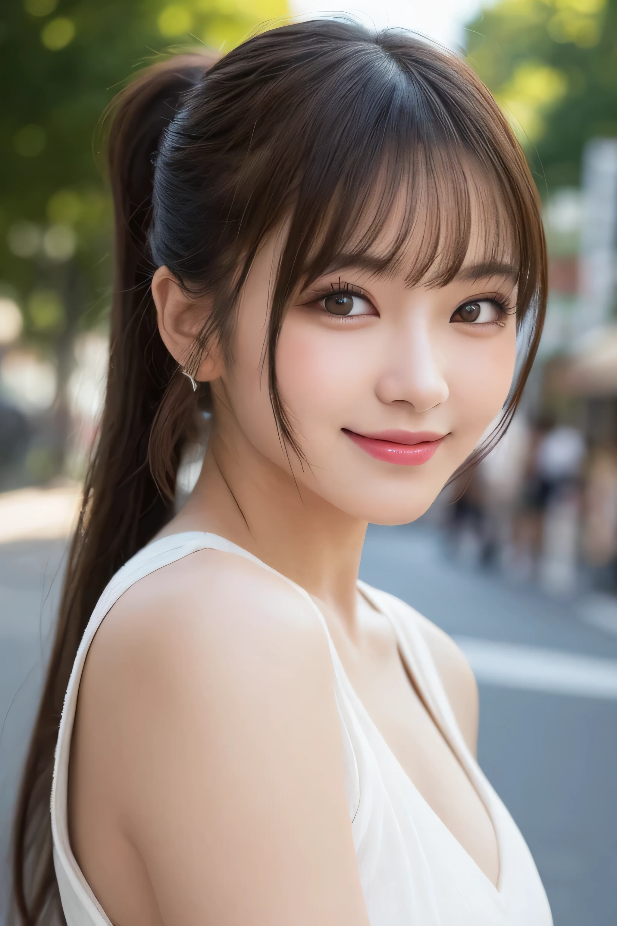 masutepiece, Best Quality, Illustration, Ultra-detailed, finely detail, hight resolution, 8K Wallpaper, Perfect dynamic composition, Beautiful detailed eyes, Women's Fashion Summer,Ponytail Hair,mid-chest, Natural Color Lip, Bold poses,Smile,Harajuku、20 years girl、Cute、Sexyt looking at camera, middle Breasts,