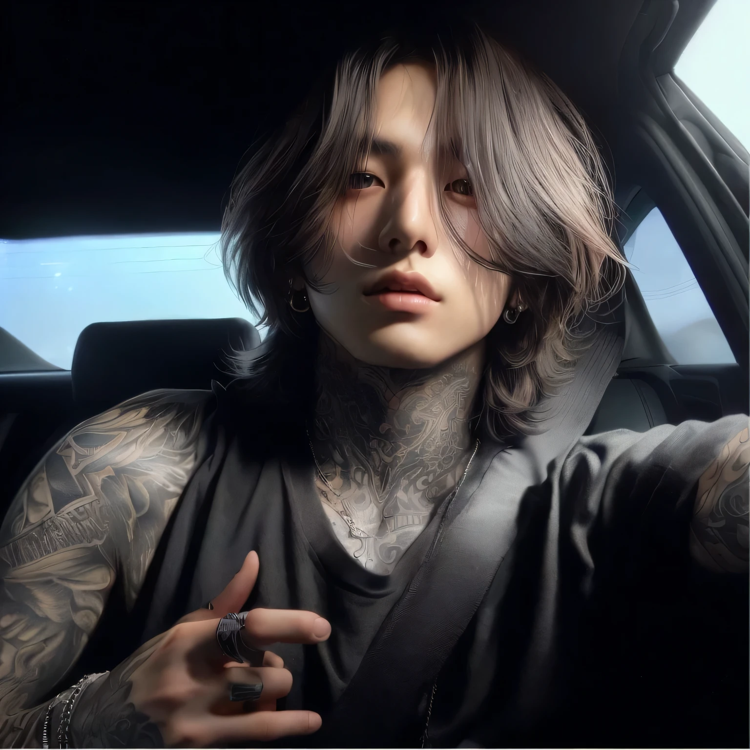 Fit man with tattoos sitting in a car with his hand on the steering wheel, inspirado em Yanjun Cheng, Cai Xukun, estilo de arte hiperrealista, pintar ulzzang, androgynous person, artista coreano, androgynous, taejune kim, retrato de alta qualidade, androgynous male, inspirado em jungkook bts , merda
