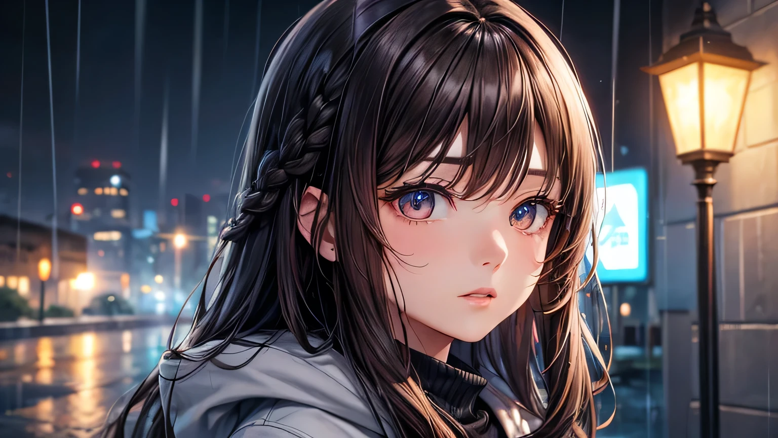 Beautiful woman 1.3, Beautiful brown hair: 1.2, , Rainy Town: 1.2,City of night,In town: 1.1, Ultra-high resolution, Accurate, Super detailed, Textured skin, High detail, highest quality, 8k,Thin bangs,Upper Body,Well-drawn eyes, Focus on the face,Large plain hoodie,Detailed hair depiction,Detailed depiction of eyes、Detailed depiction of hair、rain、rain grain、Street lamp、Wet ground、Upper Body、midnight、