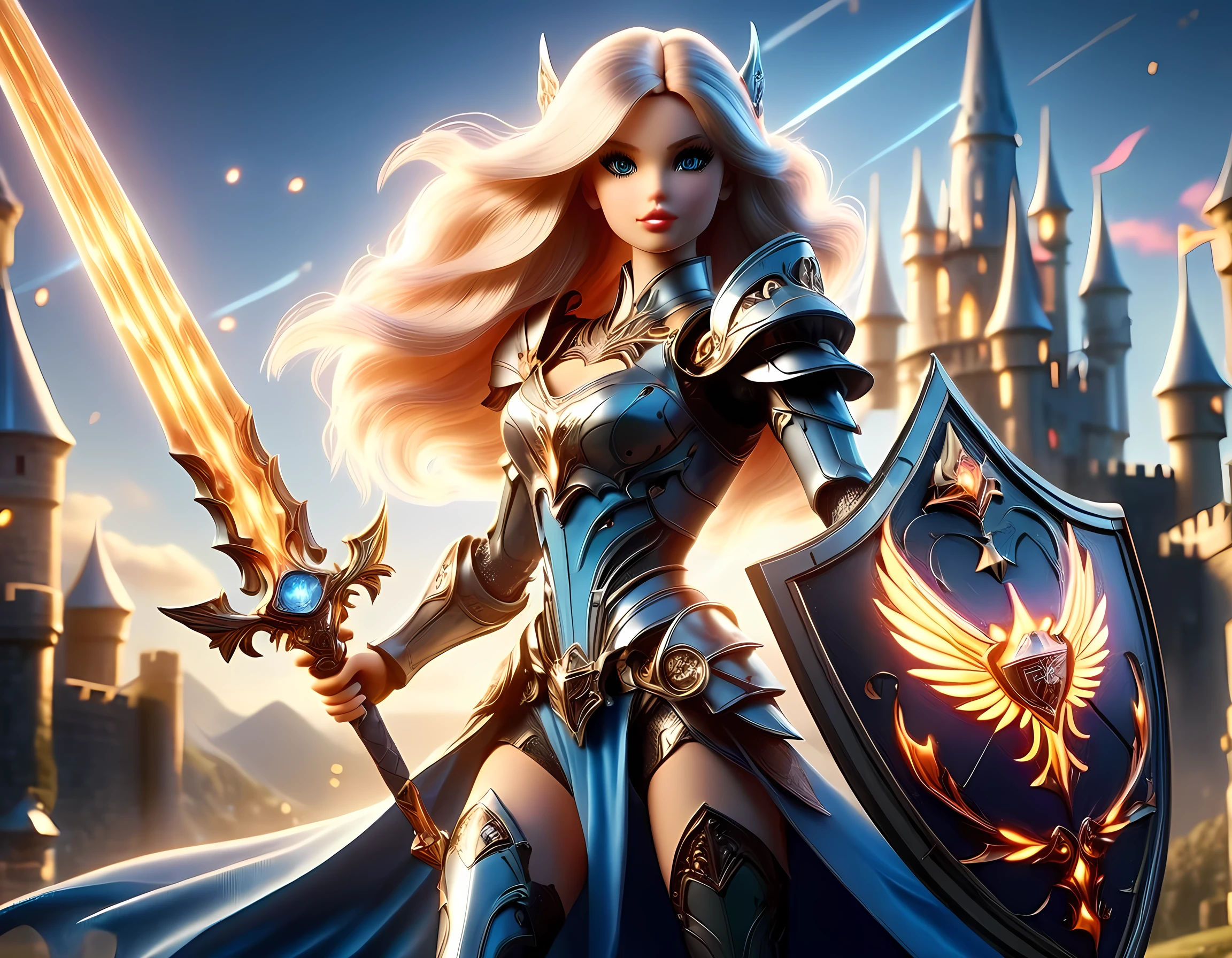 16k, ultra detailed, masterpiece, best quality, (extremely detailed), arafed, dnd art, panoramic view, full body, ((Barbie: 1.5)) knight standing on the all of the castle as the sun rises, she is holding sword and shield, you see only the silhouette of knight, intense eyes, ultra feminine, ultra detailed face, (Masterpiece, intense details:1.5), (anatomically correct: 1.5), determined face, sky are switching day and night, the sun is rising, suns, some stars, rays of dawn, fantasy castle background, Wide-Angle, Ultra-Wide Angle, 16k, highres, best quality, faize, Sword and shield, Mechanical Creatures