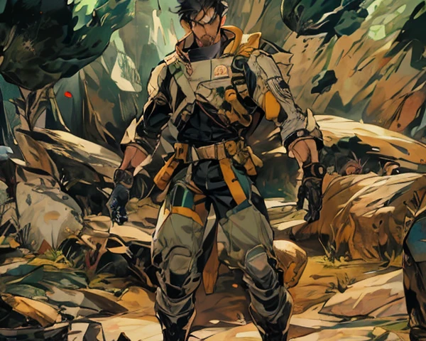 1 homem, cabelo preto curto, olhos gelados e resolutos, rosto refinado, without expression, wears a futuristic two-piece military-style outfit, alto e esguio, uma capa curta, principalmente em tons de verde, acentuados por toques de vermelho, wear dark pants, holds a futuristic style metal bat in his hands, set in the futuristic science fiction atmosphere, numa nave espacial, This character embodies a futuristic anime-style sci-fi military officer, Characterized by an exquisite and mature manga illustration art style, High definition, melhor qualidade, high resolution, ultra-detalhado, pintura ultrafina, extremamente delicado, profissional , anatomicamente correto, Symmetrical face, olhos e rosto extremamente detalhados, olhos de alta qualidade, criatividade, foto RAW, UHD, 8k, luz natural, cinematic lighting, obra-prima: 1,5