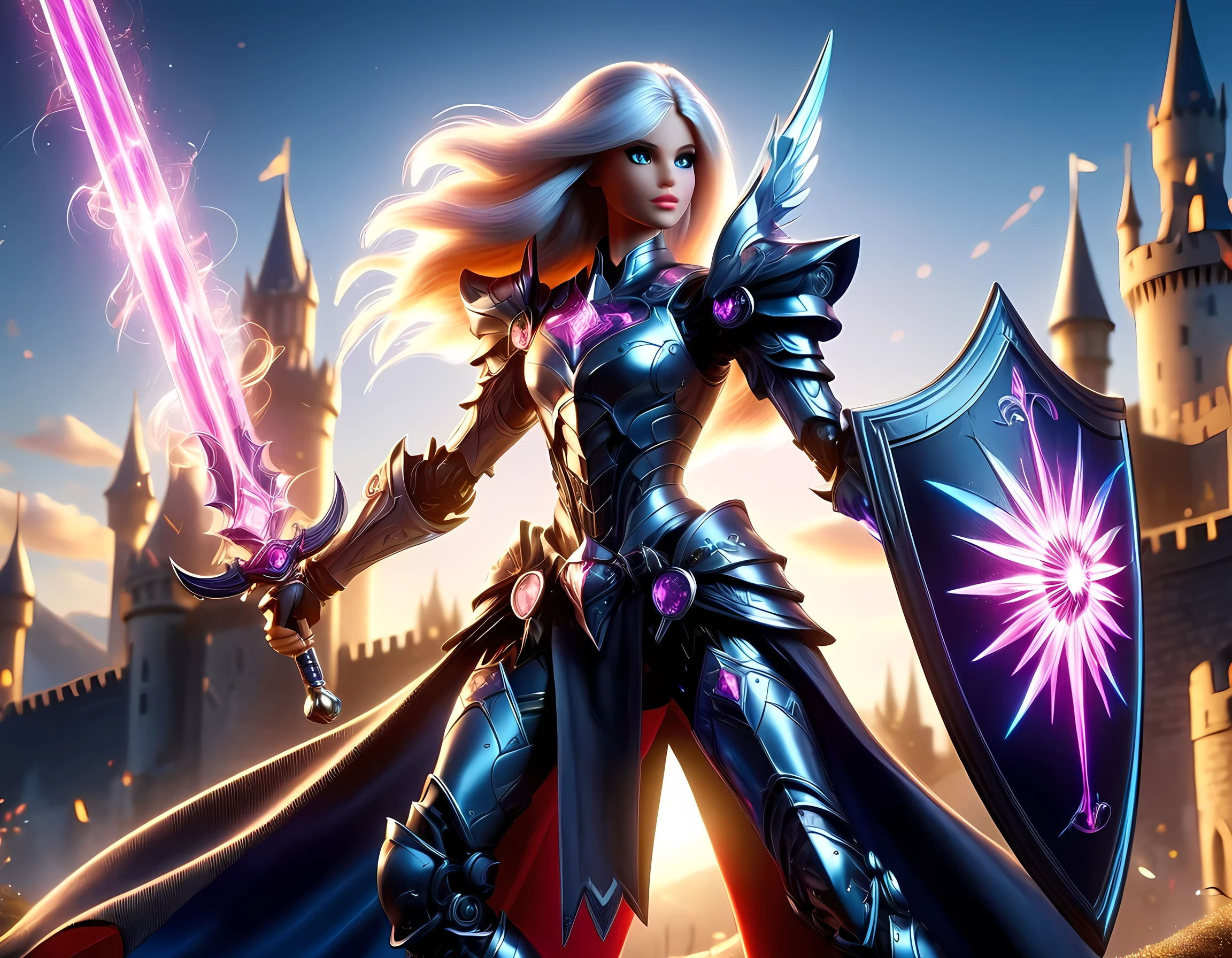 16k, ultra detailed, masterpiece, best quality, (extremely detailed), arafed, dnd art, panoramic view, full body, ((Barbie: 1.5)) knight standing on the all of the castle as the sun rises, she is holding sword and shield, you see only the silhouette of knight, intense eyes, ultra feminine, ultra detailed face, (Masterpiece, intense details:1.5), (anatomically correct: 1.5), determined face, sky are switching day and night, the sun is rising, suns, some stars, rays of dawn, fantasy castle background, Wide-Angle, Ultra-Wide Angle, 16k, highres, best quality, faize, Sword and shield, Mechanical Creatures