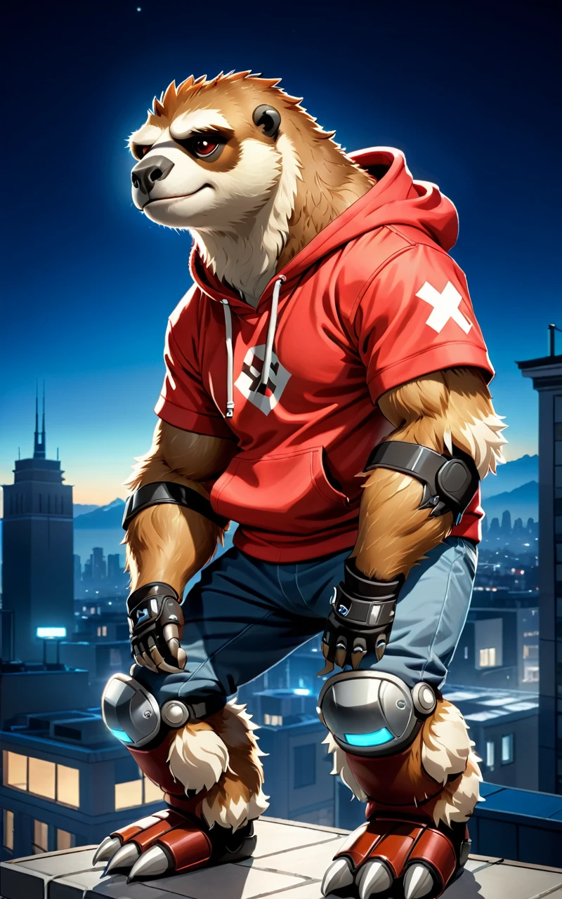 breathtaking, a cyborg anthropomorphic giant sloth male furry is sitting solo on rooftop, He has very fluffy fur on cheek and animal head, mechanical arms and hands, mechanical legs and boots, He wears a short sleeves red hoodie with both proud and serious on his face, His eyes are black and shine and looking afar, city below, backlighting, night, moonlight, starry sky, shooting star, constellation, realistic, illustration, cyberpunk, science fiction, medium shot, dutch angle, award-winning, professional, highly detailed