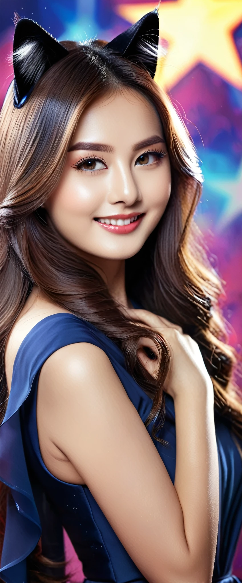 (masterpiece、first-class)、((One Girl、Mature woman with long flowing hair)、(Star-shaped pupils、+_+、Symbol-shaped pupil、Eyes that shine like the night sky)、(Cat ear、An attractive open-mouthed smile)、(Staring straight at the viewer、She bares one shoulder and has a light, seductive smile on her lips.)、(Abstract colorful background、Chromatic aberration creates an otherworldly atmosphere、Mr.々Swirling with colors)、(Captivating portraits and glamour that exude a sense of mystery)。