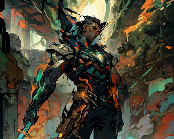 1 homem, cabelo preto curto, olhos gelados e resolutos, rosto refinado, without expression, wears a futuristic two-piece military-style outfit, alto e esguio, uma capa curta, principalmente em tons de verde, acentuados por toques de vermelho, wear dark pants, holds a futuristic style metal bat in his hands, set in the futuristic science fiction atmosphere, numa nave espacial, This character embodies a futuristic anime-style sci-fi military officer, Characterized by an exquisite and mature manga illustration art style, High definition, melhor qualidade, high resolution, ultra-detalhado, pintura ultrafina, extremamente delicado, profissional  , anatomicamente correto, Symmetrical face, olhos e rosto extremamente detalhados, olhos de alta qualidade, criatividade, foto RAW, UHD, 8k, luz natural, cinematic lighting, obra-prima: 1,5