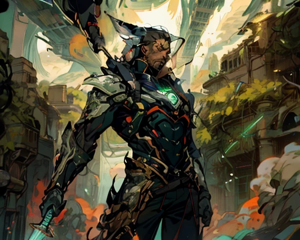 1 homem, cabelo preto curto, olhos gelados e resolutos, rosto refinado, without expression, wears a futuristic two-piece military-style outfit, alto e esguio, uma capa curta, principalmente em tons de verde, acentuados por toques de vermelho, wear dark pants, holds a futuristic style metal bat in his hands, set in the futuristic science fiction atmosphere, numa nave espacial, This character embodies a futuristic anime-style sci-fi military officer, Characterized by an exquisite and mature manga illustration art style, High definition, melhor qualidade, high resolution, ultra-detalhado, pintura ultrafina, extremamente delicado, profissional  , anatomicamente correto, Symmetrical face, olhos e rosto extremamente detalhados, olhos de alta qualidade, criatividade, foto RAW, UHD, 8k, luz natural, cinematic lighting, obra-prima: 1,5