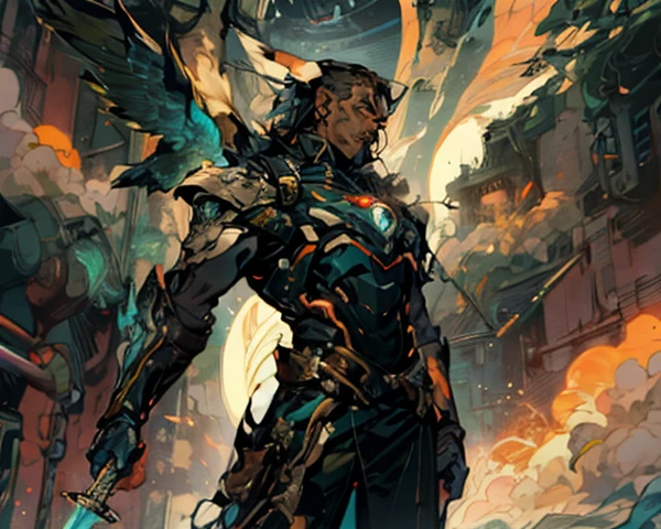 1 homem, cabelo preto curto, olhos gelados e resolutos, rosto refinado, without expression, wears a futuristic two-piece military-style outfit, alto e esguio, uma capa curta, principalmente em tons de verde, acentuados por toques de vermelho, wear dark pants, holds a futuristic style metal bat in his hands, set in the futuristic science fiction atmosphere, numa nave espacial, This character embodies a futuristic anime-style sci-fi military officer, Characterized by an exquisite and mature manga illustration art style, High definition, melhor qualidade, high resolution, ultra-detalhado, pintura ultrafina, extremamente delicado, profissional , anatomicamente correto, Symmetrical face, olhos e rosto extremamente detalhados, olhos de alta qualidade, criatividade, foto RAW, UHD, 8k, luz natural, cinematic lighting, obra-prima: 1,5