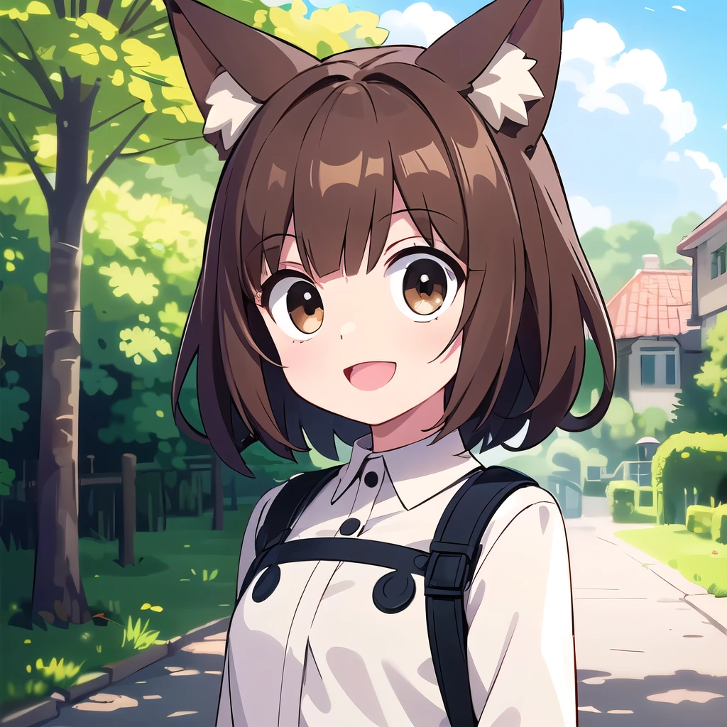 One girl, (:1.4), smile, Open your mouth, Upper Body, Are standing, Animal ears, Brown Hair, Outdoor