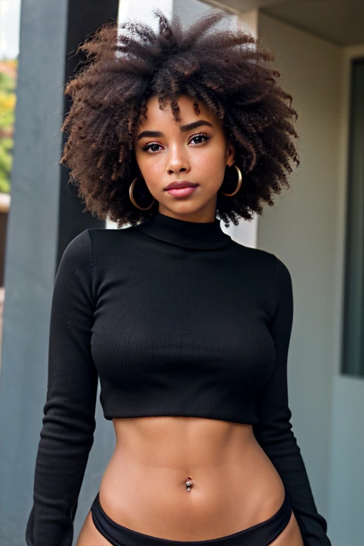((best qualityer)), ((work of art)), (detailded), 1 girl, black sweater , full body black afro woman curly curly black hair fitenes
