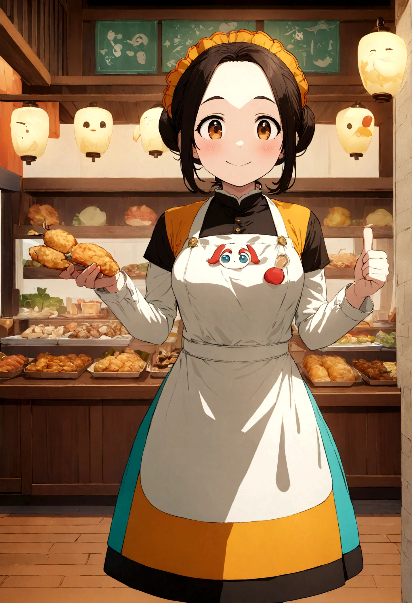 A cute 2D gourmet female cartoon character with big eyes, round face and bright smile, standing in front of the self-service counter, holding cutlery in her left hand and giving a thumbs up with her right hand. She is wearing brightly colored clothes and an apron with a gourmet pattern. She has a satisfied smile on her face and looks very happy. The background is a fantasy gourmet paradise. There are floating gourmet elements in the background, such as chicken legs, mushrooms, buns, skewers, etc. Some stalls, signs, lanterns and other elements can be added to create a lively atmosphere of the food street. Use bright and highly saturated colors, and the overall tone is warm, giving people a pleasant feeling. UHD, anatomically correct, best quality, high details, high quality, 16k, anime, flat style