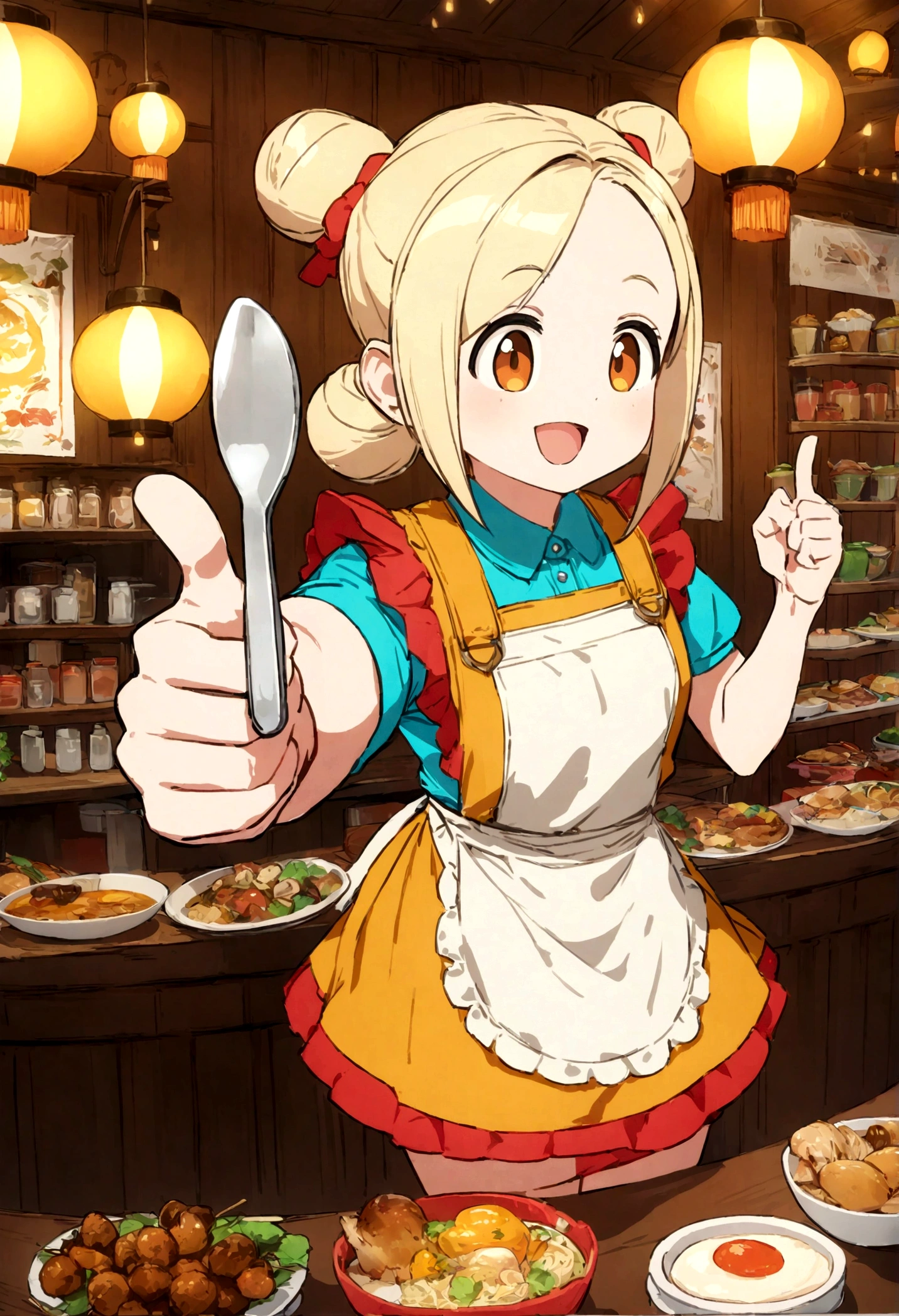 A cute 2D gourmet female cartoon character with big eyes, round face and bright smile, standing in front of the self-service counter, holding cutlery in her left hand and giving a thumbs up with her right hand. She is wearing brightly colored clothes and an apron with a gourmet pattern. She has a satisfied smile on her face and looks very happy. The background is a fantasy gourmet paradise. There are floating gourmet elements in the background, such as chicken legs, mushrooms, buns, skewers, etc. Some stalls, signs, lanterns and other elements can be added to create a lively atmosphere of the food street. Use bright and highly saturated colors, and the overall tone is warm, giving people a pleasant feeling. UHD, anatomically correct, best quality, high details, high quality, 16k, anime, flat style