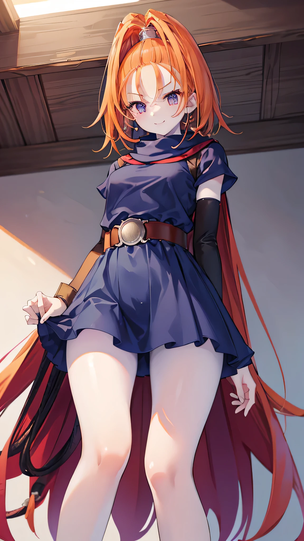 focus crotch, High resolution、One Girl、low length、Slender、Navy blue short robe、belt、DQ6 Barbara、High Ponytail、(((footjob)))、Orange Hair、Thighs、Angle from below、seductive smile,