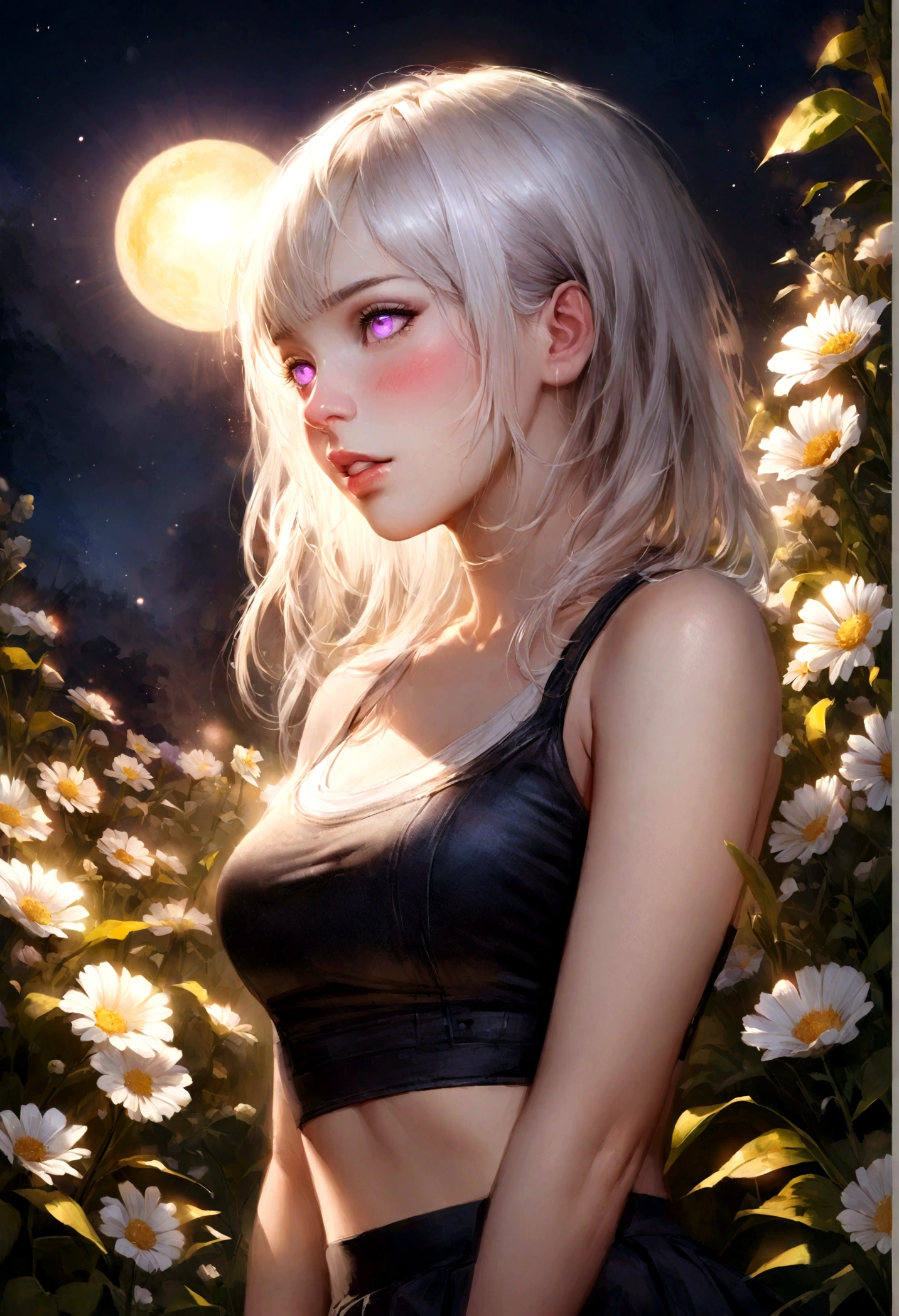 realistic, 1 girl, white hair, purple eyes, glowing eyes, crop top, skirt, Chapped lips, Blush, nighttime, flower, sun, sunlight,