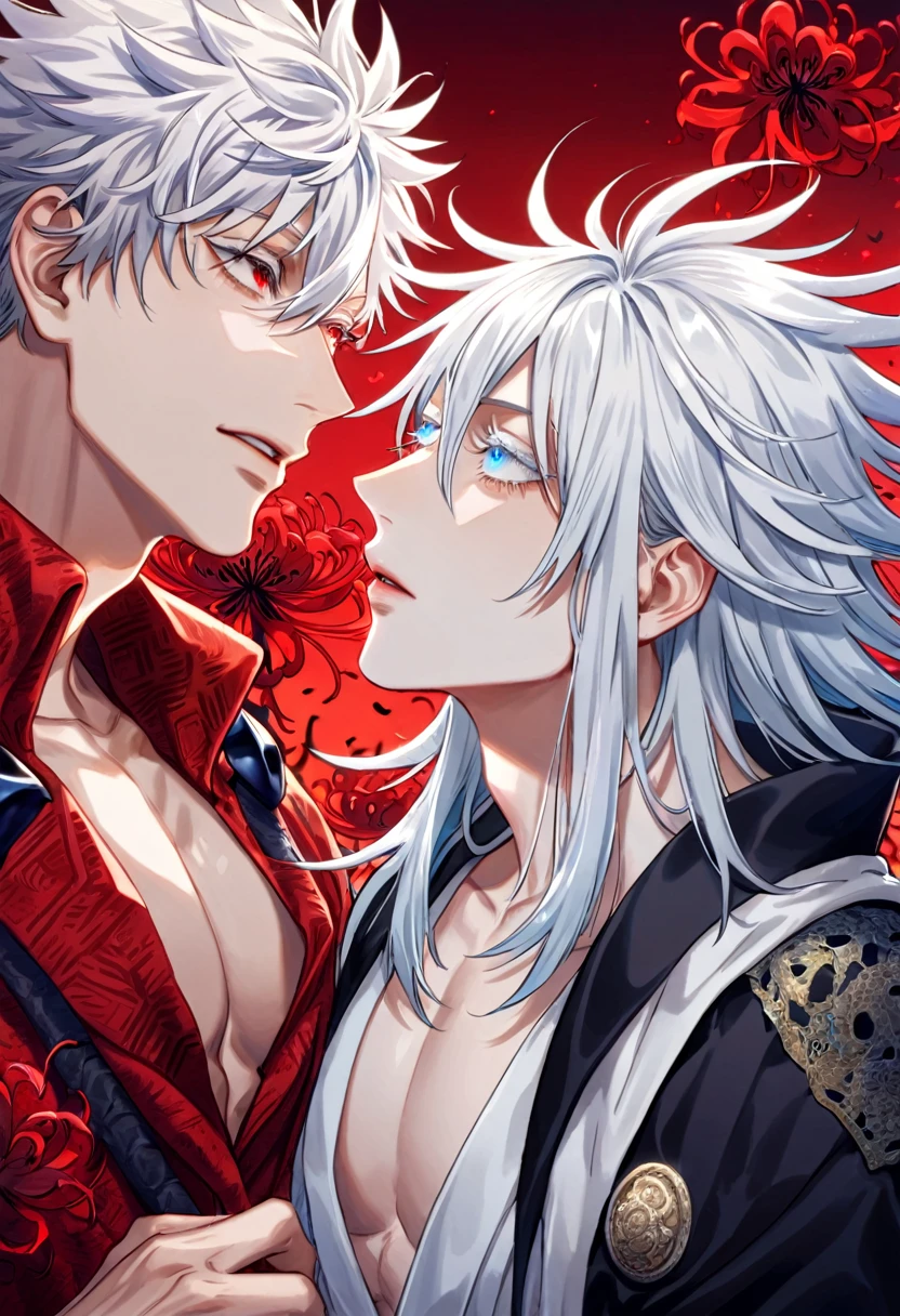 absurdres, highres, ultra detailed, HDR, master piece, best quality, extremely detailed face, delicated features, Gojo Satoru, white hair, with bangs, expressive blue eyes, white eyelashes, jujutsu kaisen, Xue Yu, untamed spiky hair, black long hair, hair between the eyes, expressive red eyes, two sexy men together, gay couple, yaoi, handsome, toned chest, black cape, red robes, white robes, accessories, patterns, red sky, red butterflies, red spider lilies, fantasy, magical, radiant