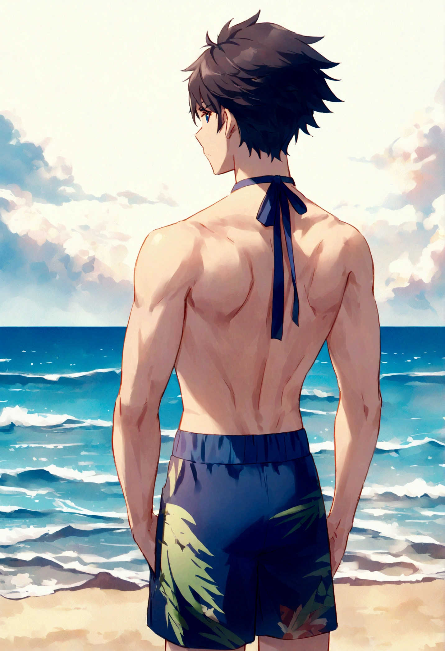High definition、８K,Japanese anime style、young,male,cool,Staring at the sea、Xin Haichengfeng、Swimwear,Back view