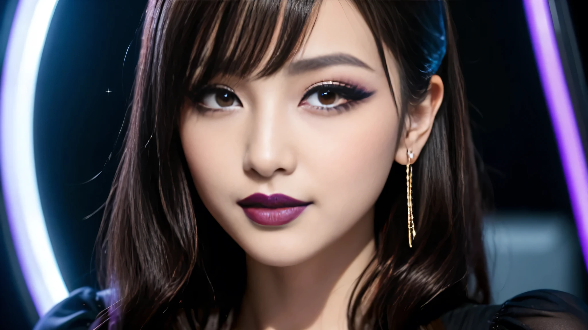 best quality、ultra-detailed、8k、Japanese、Japanese、Seductive beauty、seductive adult woman、Pretty Woman、cool girl、Villainess、brainwash makeup、Brainwashed、brainwash、Fallen into evil、smirk、Evil look、Wicked Smile、evil、Brown hair、wavy hair、swept bangs、dark makeup、dark makeup、piercing eyes、hollow eyes,half-closed eyes、Hollow Eyes、purple Eyeshadow、black lipstick、black lipglos、Lace fabric、black party dress、Wide sleeves、flare skirt、night、inside darkroom、Are standing、Look、Offer、shoot from below、Make up、Hold a small makeup brush、Swear allegiance、I have pledged my allegiance、Seduce、Evil female executive、Female Combatant