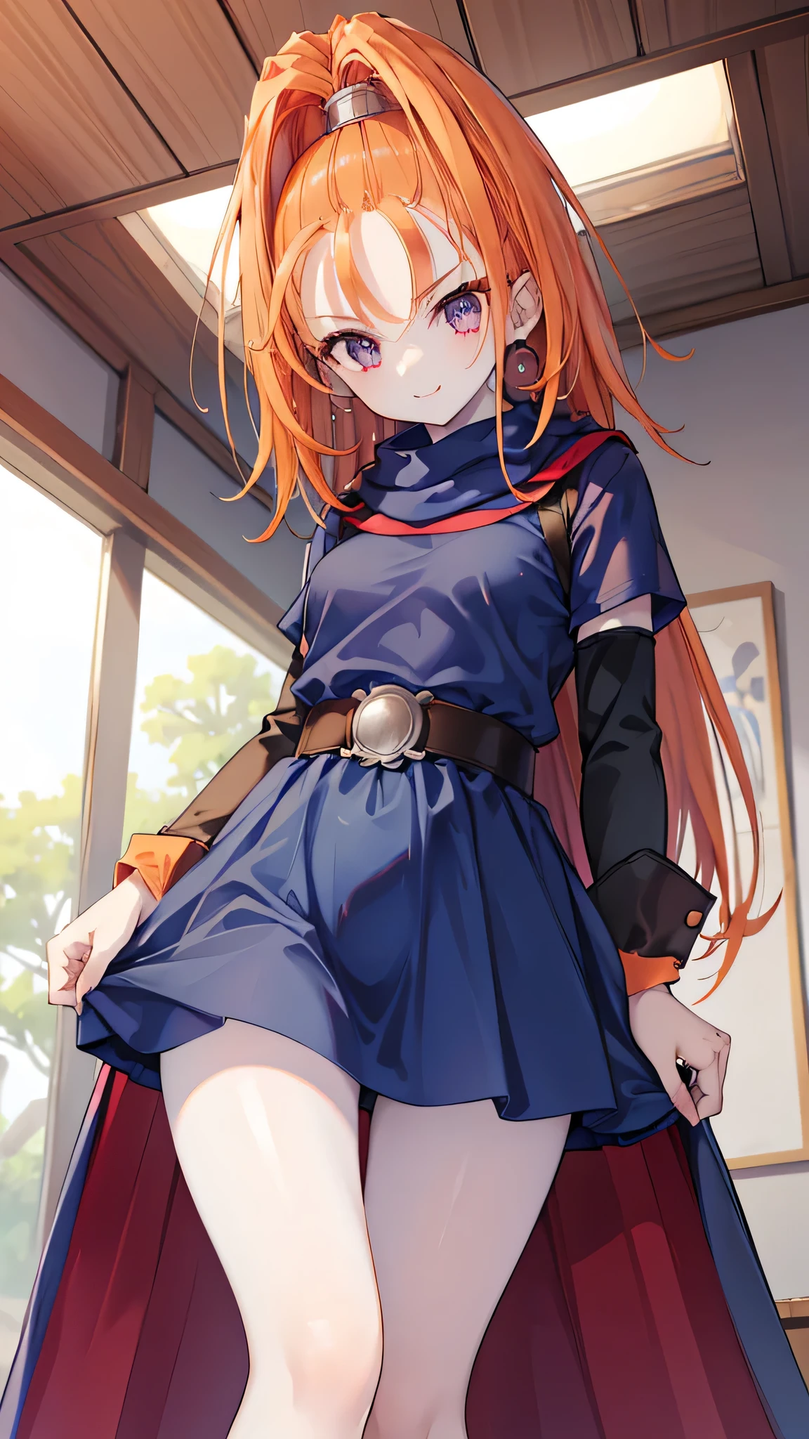 focus crotch, High resolution、One Girl、low length、Slender、Navy blue short robe、belt、DQ6 Barbara、High Ponytail、(((Bright white skin)))、Orange Hair、Thighs、Angle from below、seductive smile, 