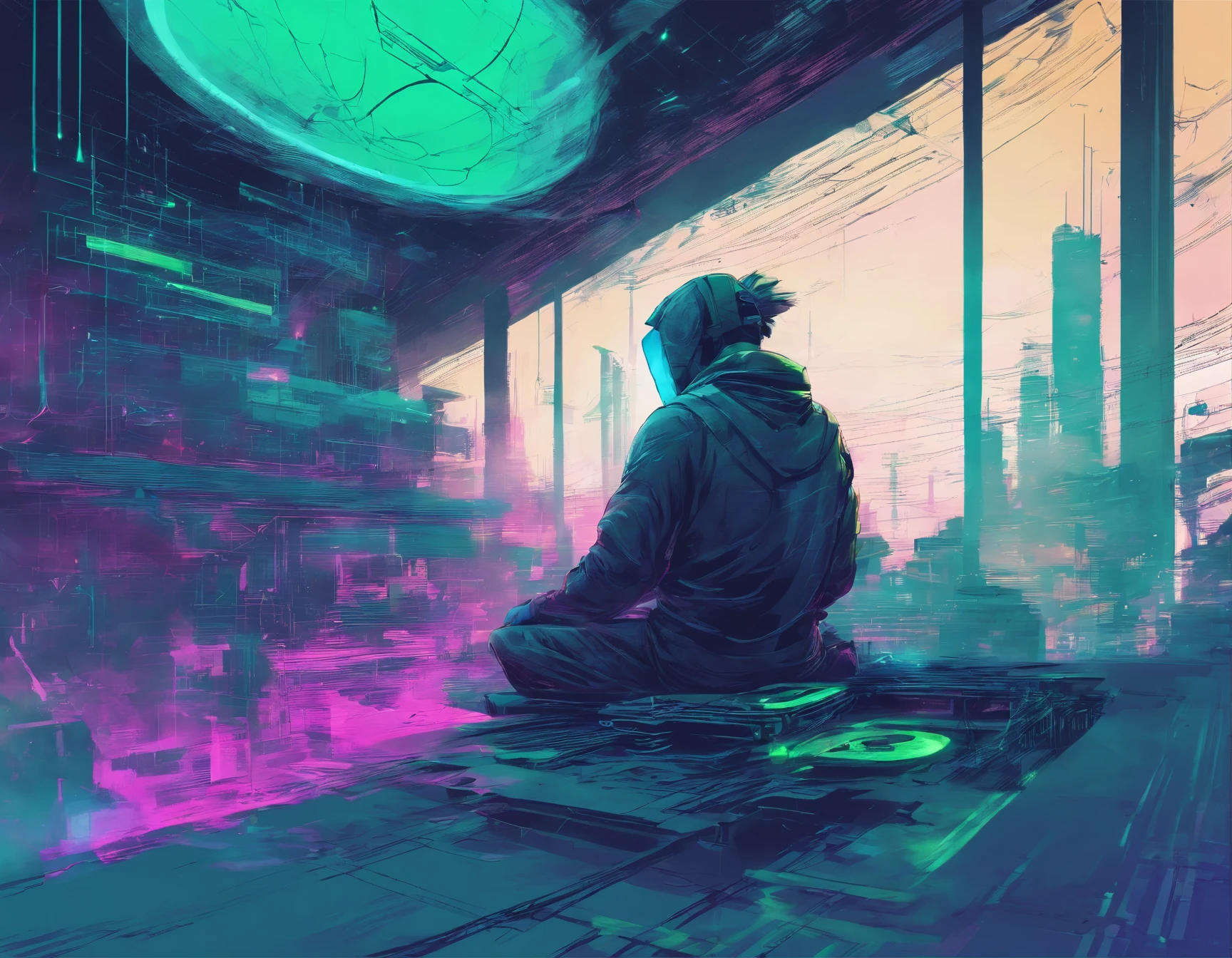A glitchscape image of a meditative hacker in ZenPunk style, featuring electric blue and neon green serene anarchy