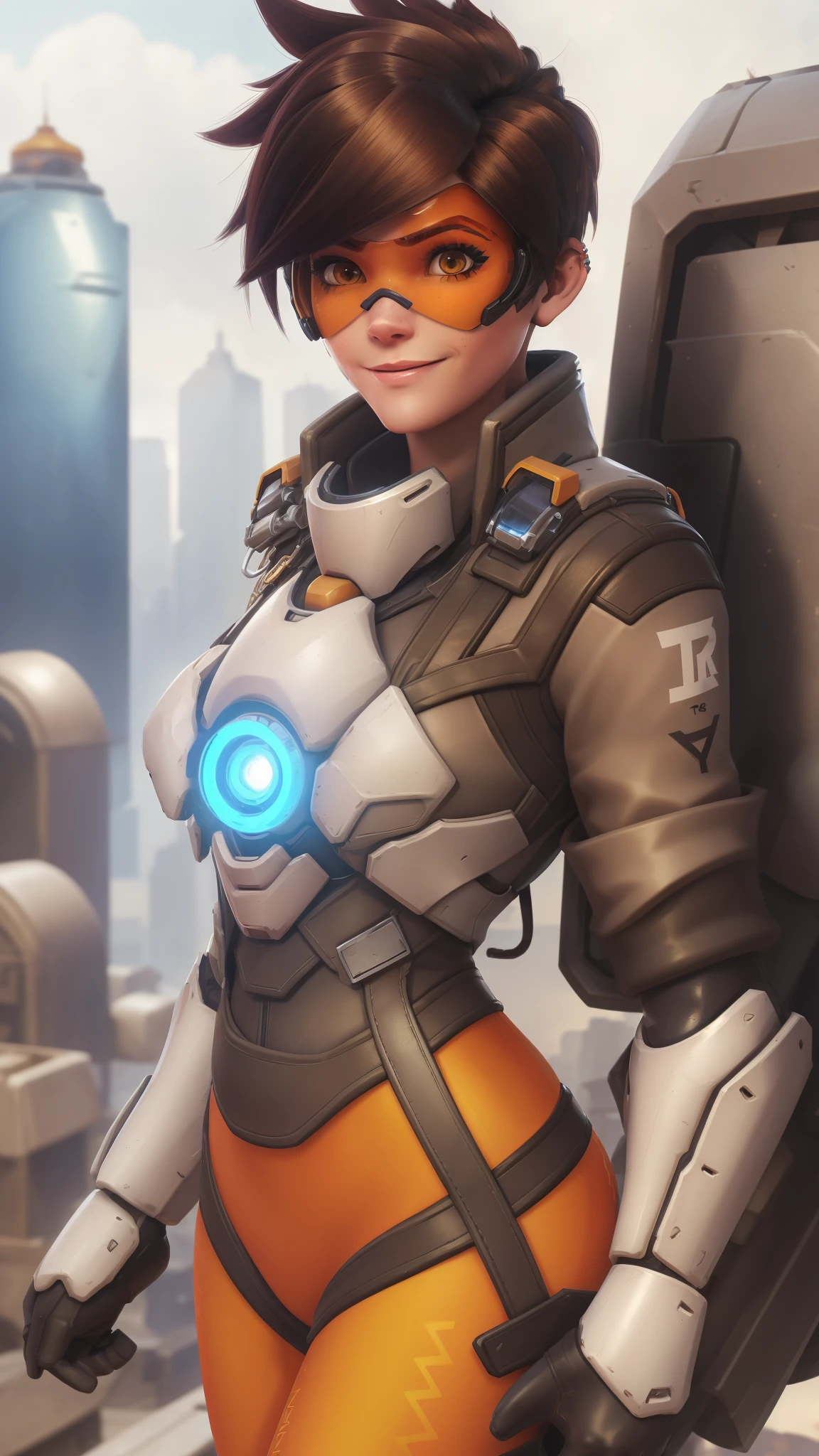 portrait of tracer, close up, gwen tennyson, tracer, overwatch, battle ruins, futuristic city, mecha pilot, bodysuit, brown short sleeve pilot jacket, fire orange sport leggings, short hair, punk makeup, hazel eyes, multicolored brown hair, shy smile, freckles, beautiful girl, medium breasts,8k,ultra detailed, realistic, fantasy art, cyborg armor, pilot uniform,(weather: windy), (visor, googles), salute stance,