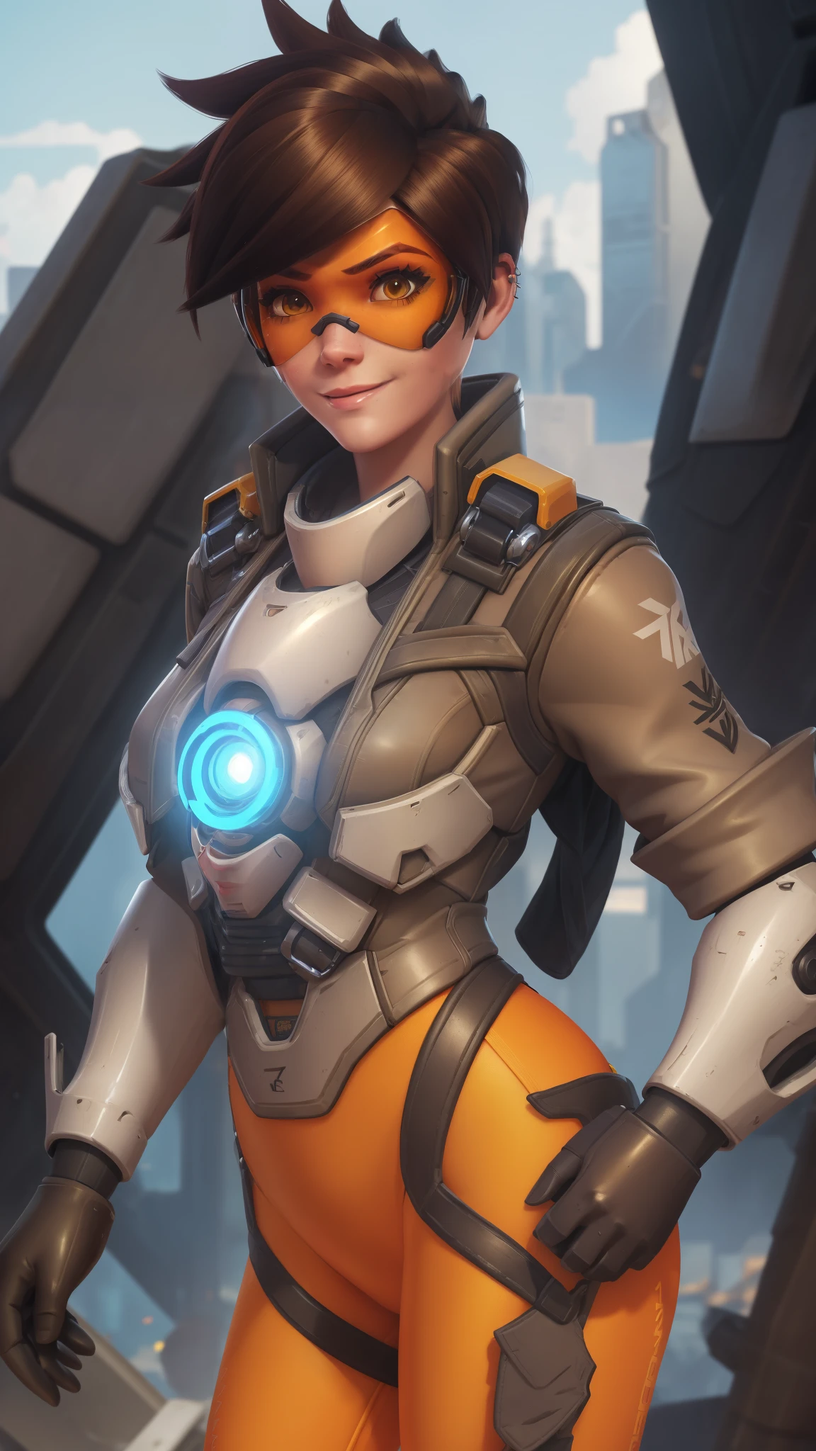 portrait of tracer, close up, gwen tennyson, tracer, overwatch, battle ruins, futuristic city, mecha pilot, bodysuit, brown short sleeve pilot jacket, fire orange sport leggings, short hair, punk makeup, hazel eyes, multicolored brown hair, shy smile, freckles, beautiful girl, medium breasts,8k,ultra detailed, realistic, fantasy art, cyborg armor, pilot uniform,(weather: windy), (visor, googles), salute stance,