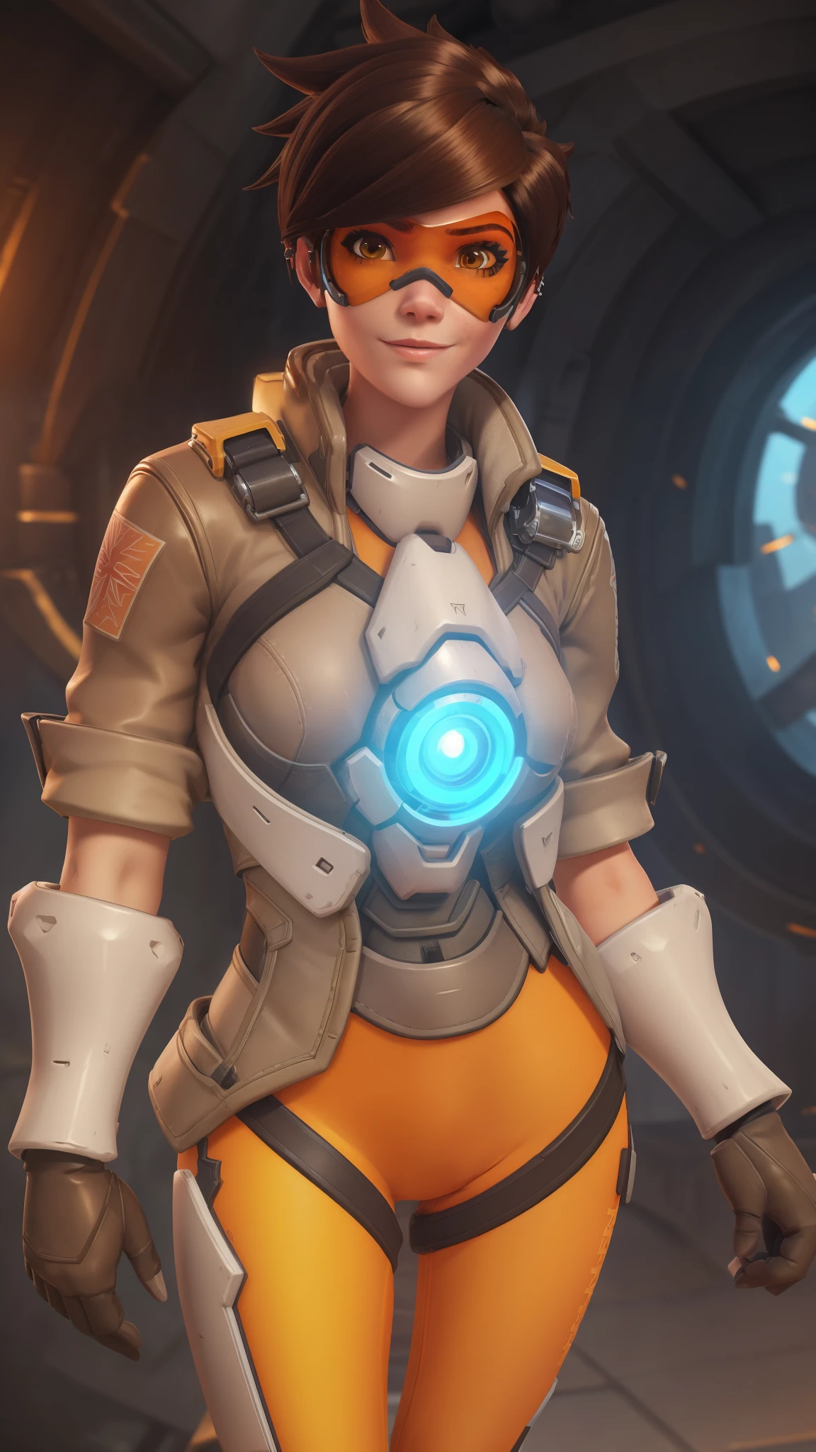 portrait of tracer, close up, gwen tennyson, tracer, overwatch, battle ruins, futuristic city, mecha pilot, bodysuit, brown short sleeve pilot jacket, fire orange sport leggings, short hair, punk makeup, hazel eyes, multicolored brown hair, shy smile, freckles, beautiful girl, medium breasts,8k,ultra detailed, realistic, fantasy art, cyborg armor, pilot uniform,(weather: windy), (visor, googles), salute stance,