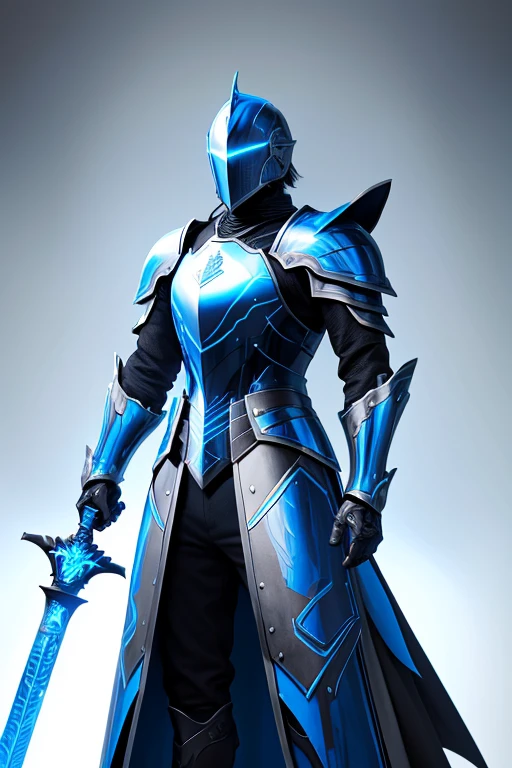 knight.black armor with blue.futuristic style.with blue sword.blue rays