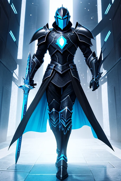 knight.black armor with blue.futuristic style.with blue sword.blue rays