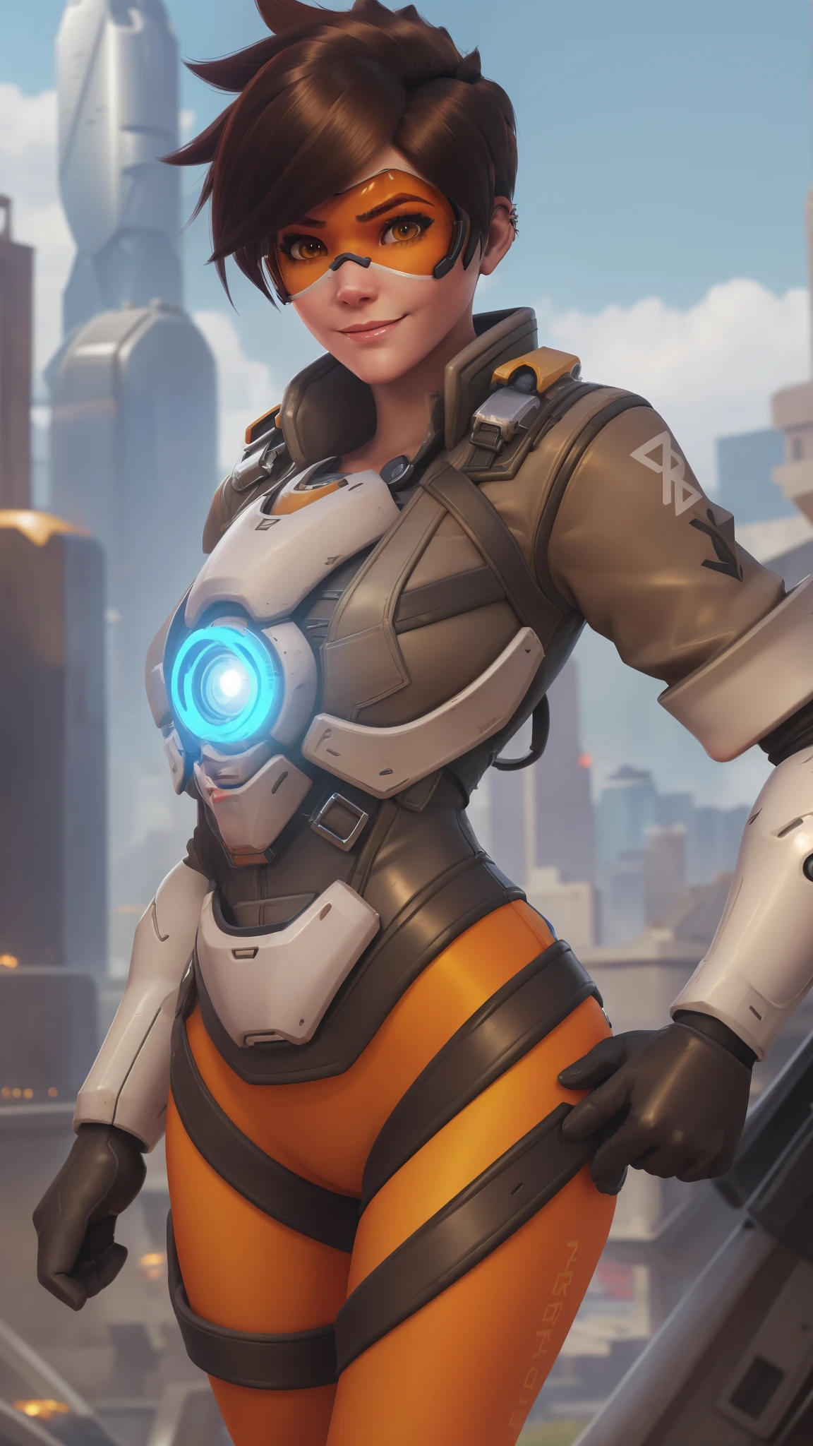 portrait of tracer, close up, gwen tennyson, tracer, overwatch, battle ruins, futuristic city, mecha pilot, bodysuit, brown short sleeve pilot jacket, fire orange sport leggings, short hair, punk makeup, hazel eyes, multicolored brown hair, shy smile, freckles, beautiful girl, medium breasts,8k,ultra detailed, realistic, fantasy art, cyborg armor, pilot uniform,(weather: windy), (visor, googles), salute stance,