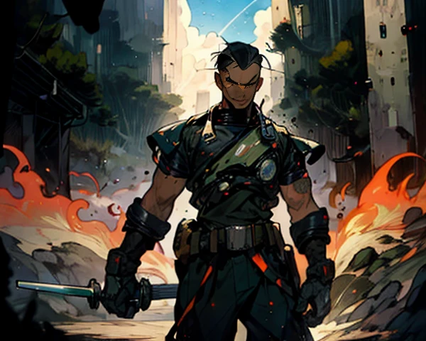 1 homem, cabelo preto curto, olhos gelados e resolutos, rosto refinado, without expression, wears a futuristic two-piece military-style outfit, alto e esguio, uma capa curta, principalmente em tons de verde, acentuados por toques de vermelho, wear dark pants, holds a futuristic style metal bat in his hands, set in the futuristic science fiction atmosphere, numa nave espacial, This character embodies a futuristic anime-style sci-fi military officer, Characterized by an exquisite and mature manga illustration art style, High definition, melhor qualidade, high resolution, ultra-detalhado, pintura ultrafina, extremamente delicado, profissional , anatomicamente correto, Symmetrical face, olhos e rosto extremamente detalhados, olhos de alta qualidade, criatividade, foto RAW, UHD, 8k, luz natural, cinematic lighting, obra-prima: 1,5