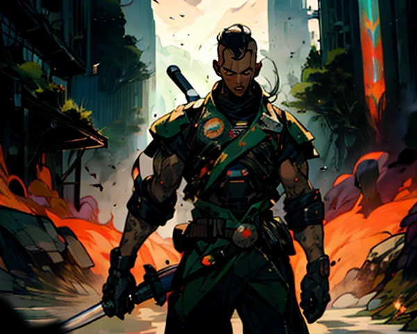 1 homem, cabelo preto curto, olhos gelados e resolutos, rosto refinado, without expression, wears a futuristic two-piece military-style outfit, alto e esguio, uma capa curta, principalmente em tons de verde, acentuados por toques de vermelho, wear dark pants, holds a futuristic style metal bat in his hands, set in the futuristic science fiction atmosphere, numa nave espacial, This character embodies a futuristic anime-style sci-fi military officer, Characterized by an exquisite and mature manga illustration art style, High definition, melhor qualidade, high resolution, ultra-detalhado, pintura ultrafina, extremamente delicado, profissional  , anatomicamente correto, Symmetrical face, olhos e rosto extremamente detalhados, olhos de alta qualidade, criatividade, foto RAW, UHD, 8k, luz natural, cinematic lighting, obra-prima: 1,5