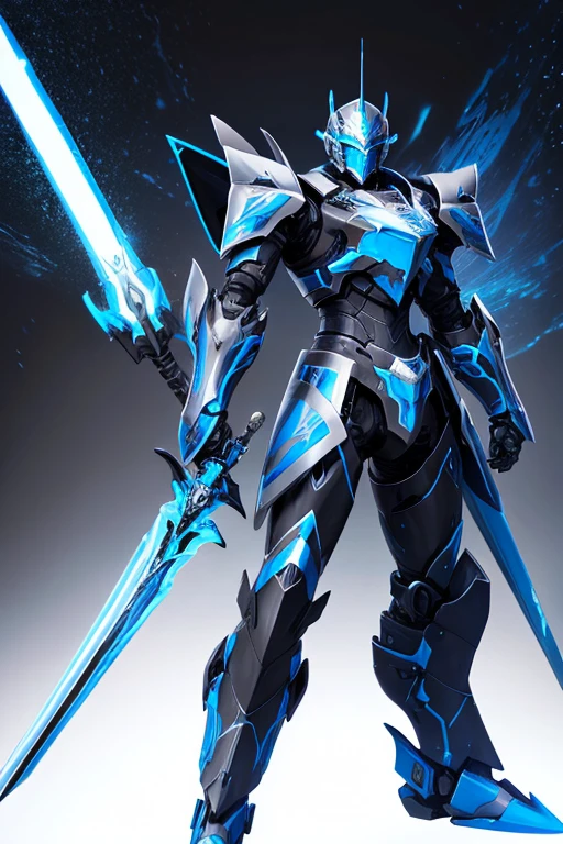 knight.black armor with blue.mecha style.with blue sword.blue rays