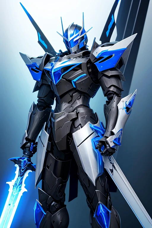 knight.black armor with blue.mecha style.with blue sword.blue rays