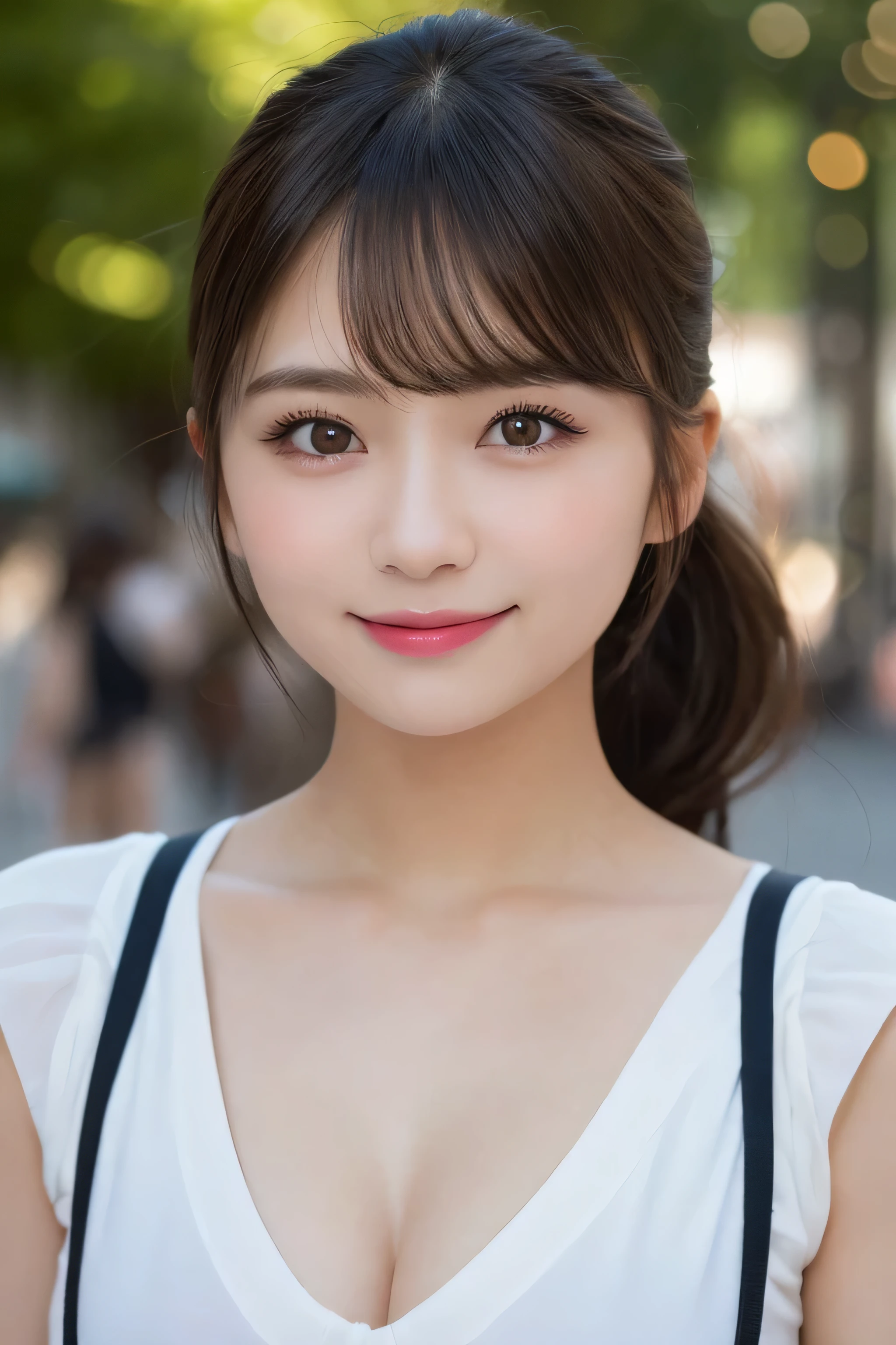 masutepiece, Best Quality, Illustration, Ultra-detailed, finely detail, hight resolution, 8K Wallpaper, Perfect dynamic composition, Beautiful detailed eyes, Women's Fashion Summer,Ponytail Hair,mid-chest, Natural Color Lip, Bold sexy poses,Smile,Harajuku、20 years girl、Cute、Sexy shot looking at camera, middle Breasts,