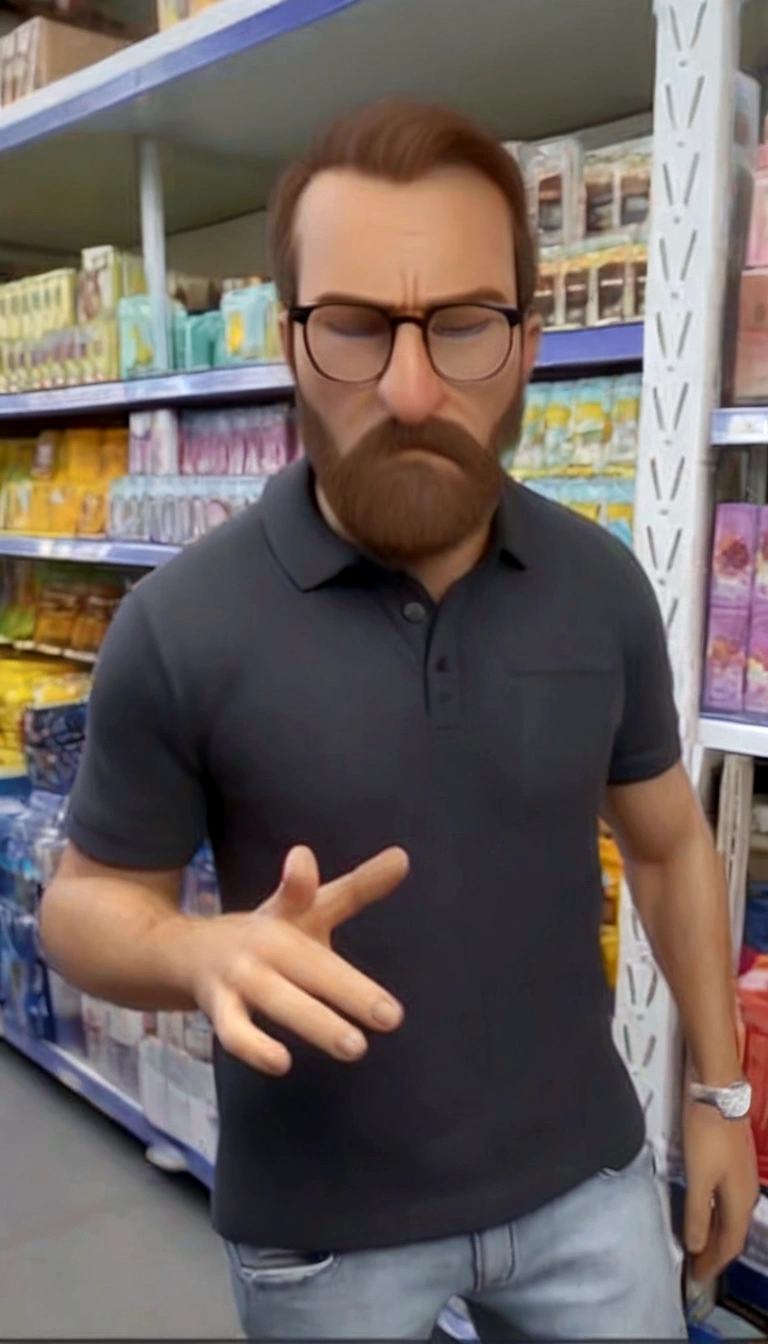 a man with pale skin, short slightly thinning light brown hair, beard, wearing black framed glasses, grey polo shirt, blue jeans, slim body, realistic, photorealistic, (best quality,4k,8k,highres,masterpiece:1.2),ultra-detailed,(realistic,photorealistic,photo-realistic:1.37),studio lighting,extremely detailed face and eyes,detailed facial features,highly detailed,sharp focus,vivid colors