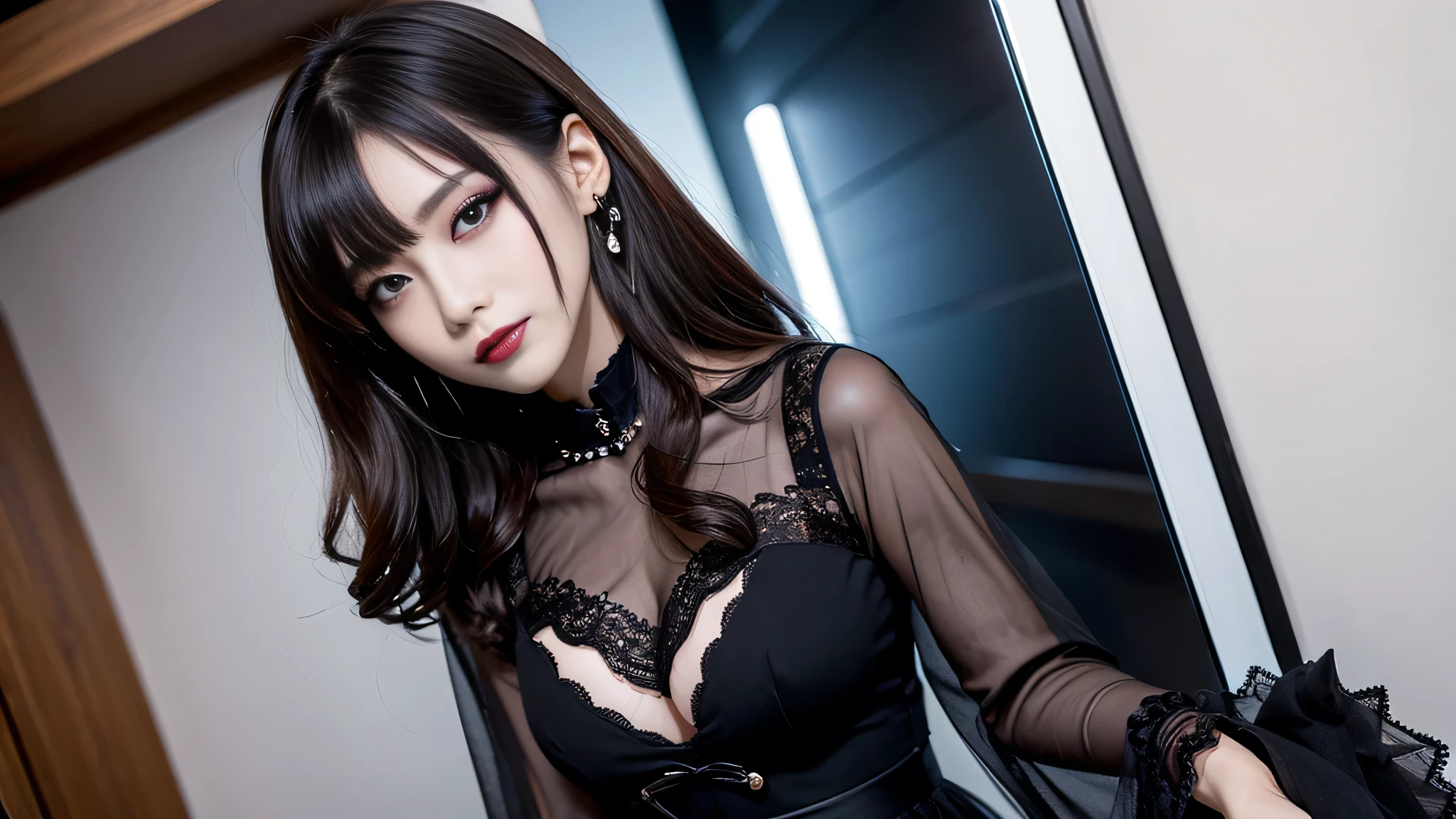 best quality、ultra-detailed、8k、Japanese、Japanese、Seductive beauty、seductive adult woman、Pretty Woman、cool girl、Villainess、brainwash makeup、Brainwashed、brainwash、Fallen into evil、smirk、Evil look、Wicked Smile、evil、Brown hair、wavy hair、swept bangs、dark makeup、dark makeup、piercing eyes、hollow eyes,half-closed eyes、Hollow Eyes、purple Eyeshadow、black lipstick、black lipglos、Lace fabric、black party dress、Wide sleeves、flare skirt、night、inside darkroom、Are standing、Look、Offer、shoot from below、Make up、Hold a small makeup brush、Swear allegiance、I have pledged my allegiance、Seduce、Evil female executive、Female Combatant