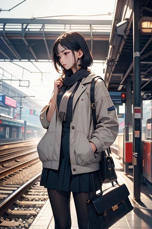 highest quality、masterpiece、High sensitivity、High resolution、One Woman、Slim Body、Waiting for the train、At the station platform、While standing