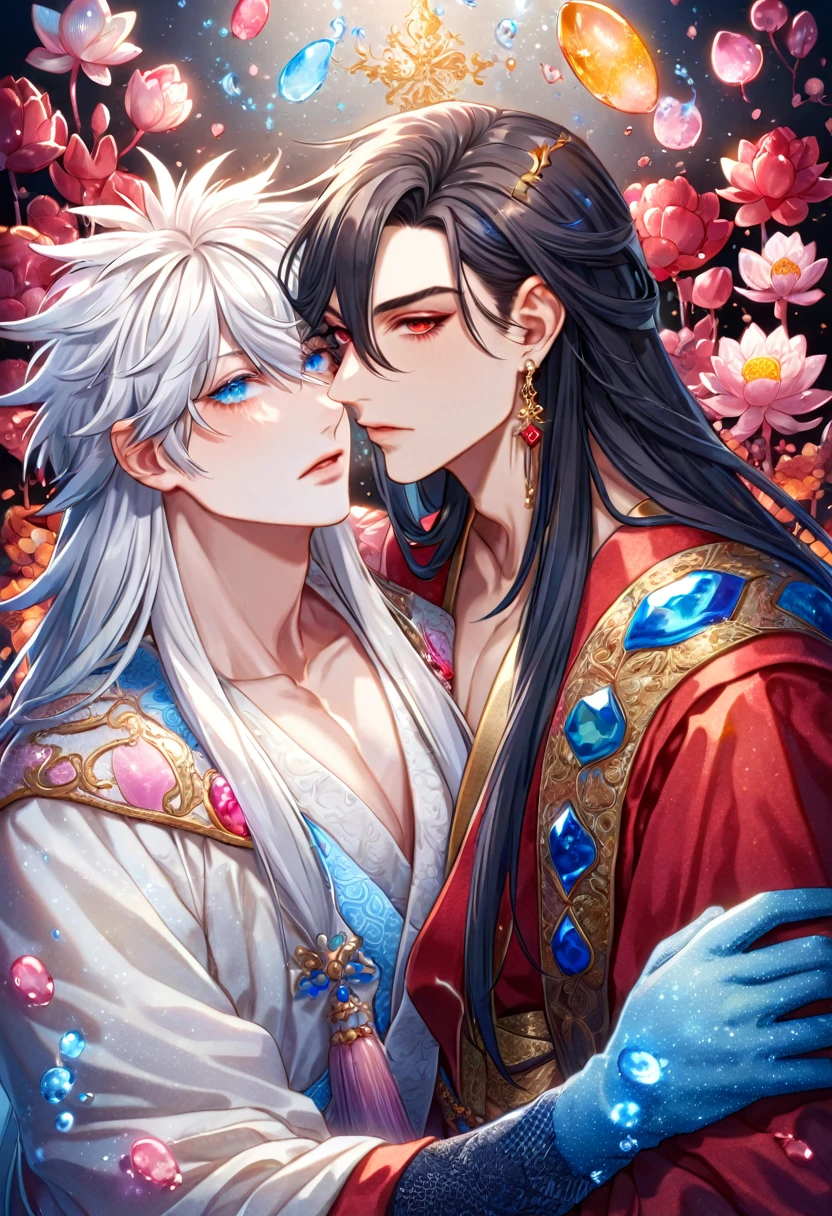 absurdres, highres, ultra detailed, HDR, master piece, best quality, extremely detailed face, delicated features, Xue Yu, untamed spiky hair, black long hair, hair between the eyes, expressive red eyes, Thousand Years War, Gojou Satoru, white long hair, expressive blue eyes, two sexy men together, gay couple, yaoi, handsome, toned chest, black cape, red robes, white robes, accessories, patterns, blossoms, pink butterflies, pink lotus, water, fantasy, magical, radiant