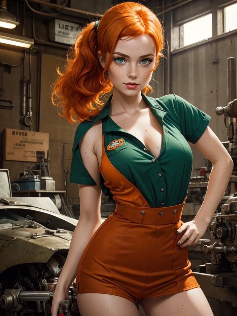 woman with orange hair, green eyes, freckles on her face. dressed as a pin-up type worker in a mechanical workshop
