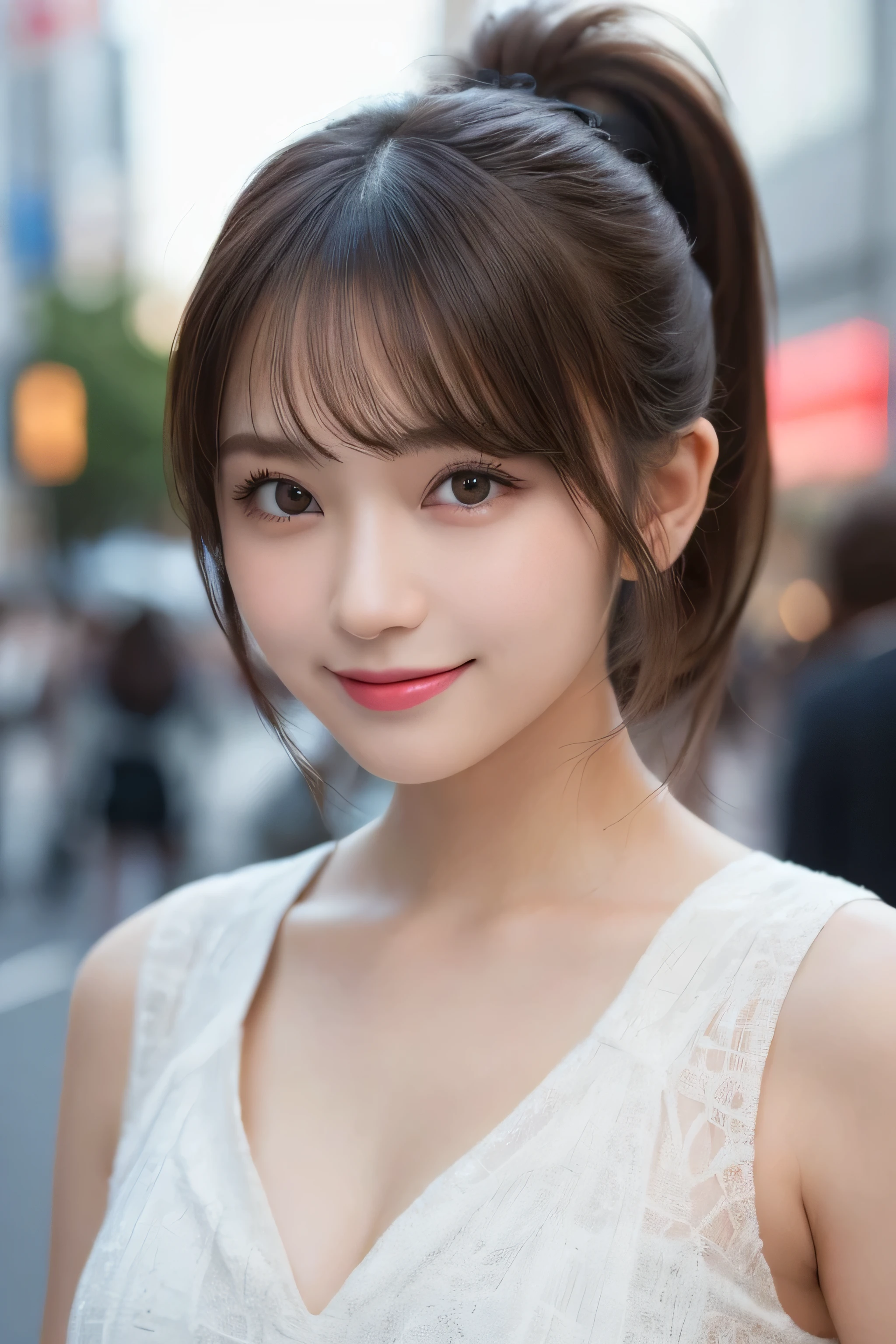 masutepiece, Best Quality, Illustration, Ultra-detailed, finely detail, hight resolution, 8K Wallpaper, Perfect dynamic composition, Beautiful detailed eyes, Women's Fashion Summer,Ponytail Hair,mid-chest, Natural Color Lip, Bold sexy poses,Smile,Harajuku、20 years girl、Cute、Sexy shot looking at camera, middle Breasts,