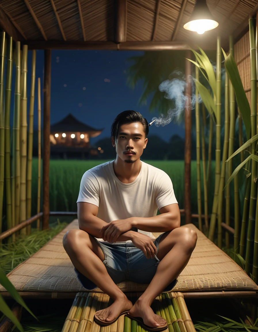 long shot of a indonesian handsome man with an ideal body, black hair in a ponytail, wearing a t-shirt, levis shorts, slippers, sitting back in a bamboo house in the middle of a rice field while smoking, gaze at the camera, night view, soft bokeh on the foreground, hd, 8k, ultra realism, ultra details, hyperrealistic, masterpiece