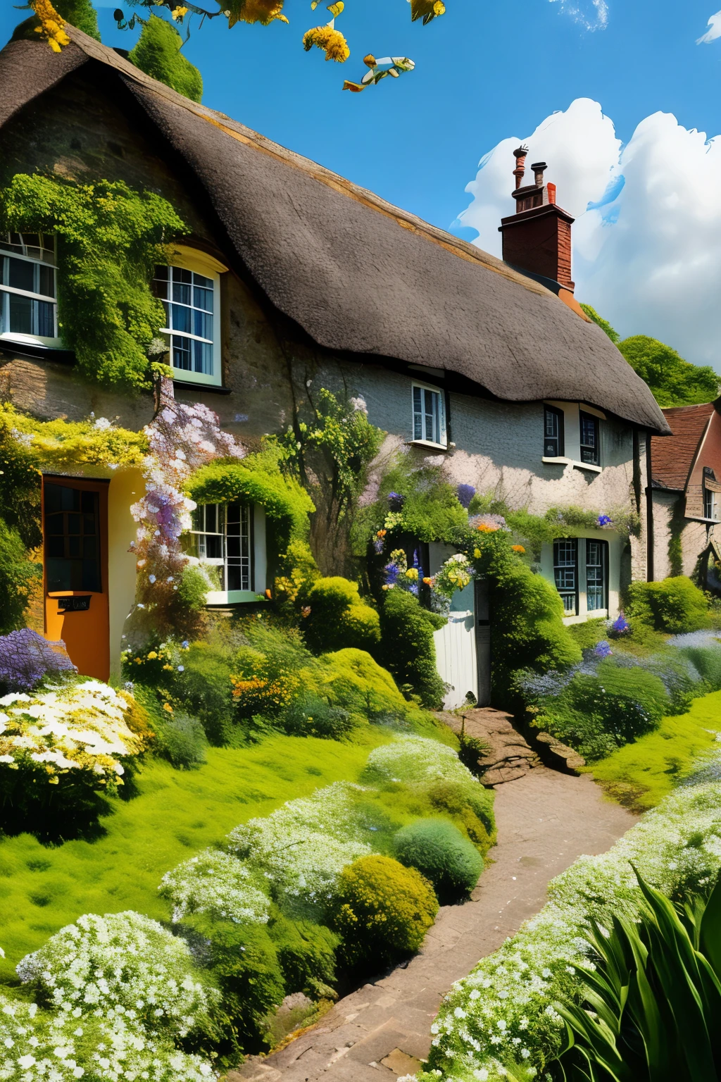 In the heart of the sereneWillowbrook:1.3, nestled on the edge of an enchanted forest:1.3, lies a captivating small town:1.2. The village is adorned with quaint cottages:1.2, their thatched roofs:1.1 blending seamlessly with the sky, and cobblestone paths:1.2 winding through the lush vegetation:1.2, carpeted with vibrant wildflowers:1.2. The ambiance is further mystified by wisps of magical mist:1.2 that gently pirouette in the air, adding to the village's captivatingallure
