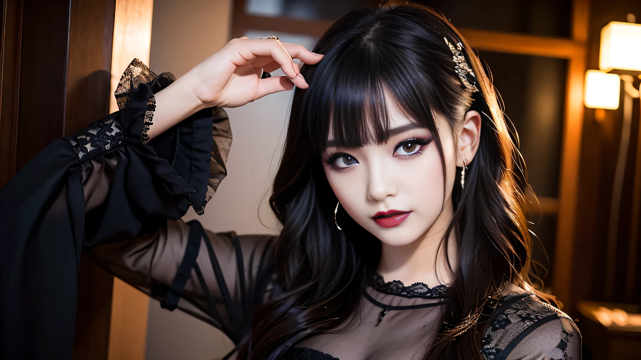 best quality、ultra-detailed、8k、Japanese、Japanese、Seductive beauty、seductive adult woman、Pretty Woman、cool girl、Villainess、brainwash makeup、Brainwashed、brainwash、Fallen into evil、smirk、Evil look、Wicked Smile、evil、Brown hair、wavy hair、swept bangs、dark makeup、dark makeup、piercing eyes、hollow eyes,half-closed eyes、Hollow Eyes、purple Eyeshadow、black lipstick、black lipglos、Lace fabric、black party dress、Wide sleeves、flare skirt、night、inside darkroom、Are standing、Look、Offer、shoot from below、Make up、Hold a small makeup brush、Swear allegiance、I have pledged my allegiance、Seduce、Evil female executive、Female Combatant