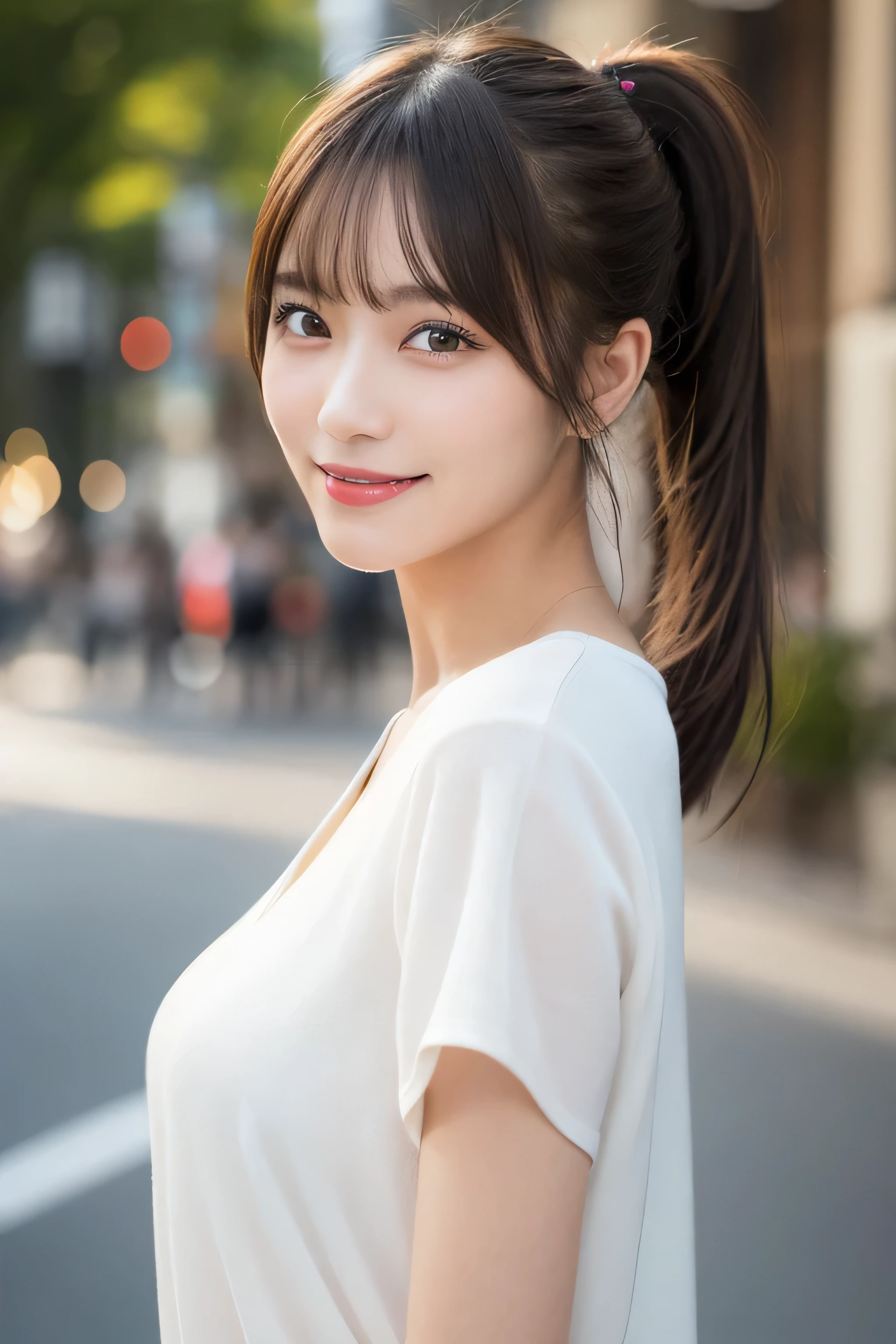 masutepiece, Best Quality, Illustration, Ultra-detailed, finely detail, hight resolution, 8K Wallpaper, Perfect dynamic composition, Beautiful detailed eyes, Women's Fashion Summer,Ponytail Hair,mid-chest, Natural Color Lip, Bold sexy poses,Smile,Harajuku、20 years girl、Cute、Sexy shot looking at camera, middle Breasts,