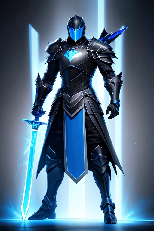 knight.black armor with blue.electric style.with blue sword.blue rays