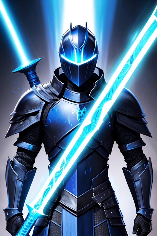 knight.black armor with blue.electric style.with blue sword.blue rays